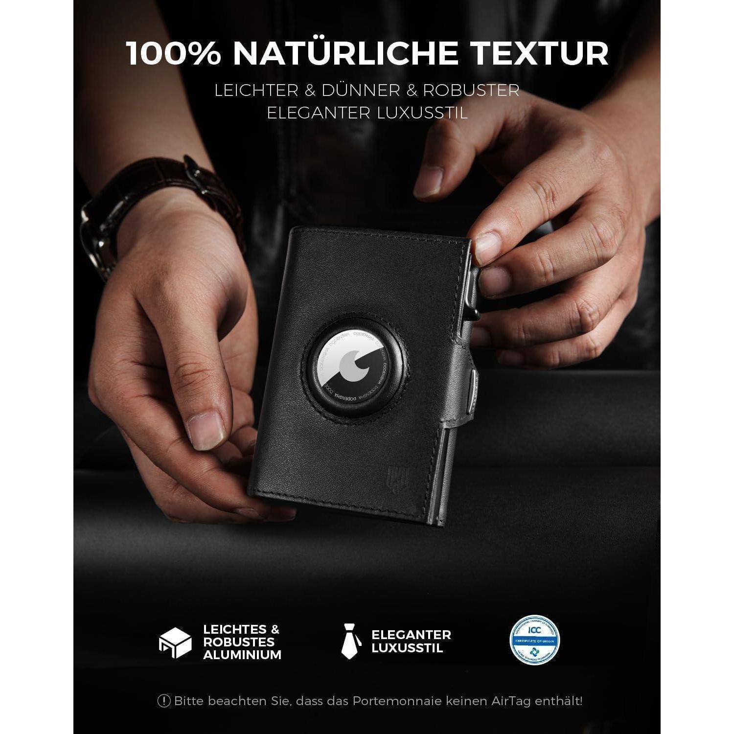 Eine Person, die eine elegante schwarze Brieftasche mit einem Apple AirTag hält, mit dem Text: 