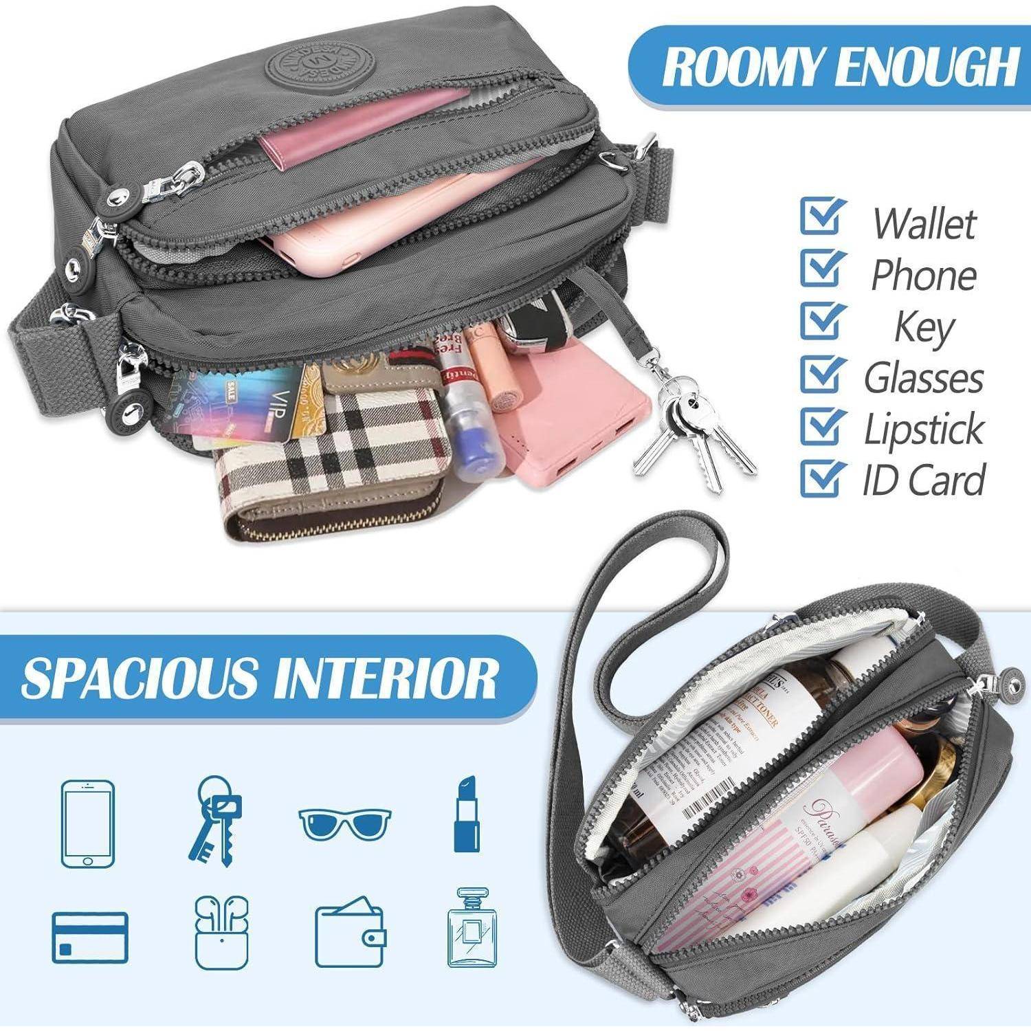 Graue Handtasche mit Reißverschluss, mit den Aufschriften 'Geräumig genug' und 'Großzügiger Innenraum', in der Gegenstände wie Geldbörse, Handy, Schlüssel und Make-up zu sehen sind.