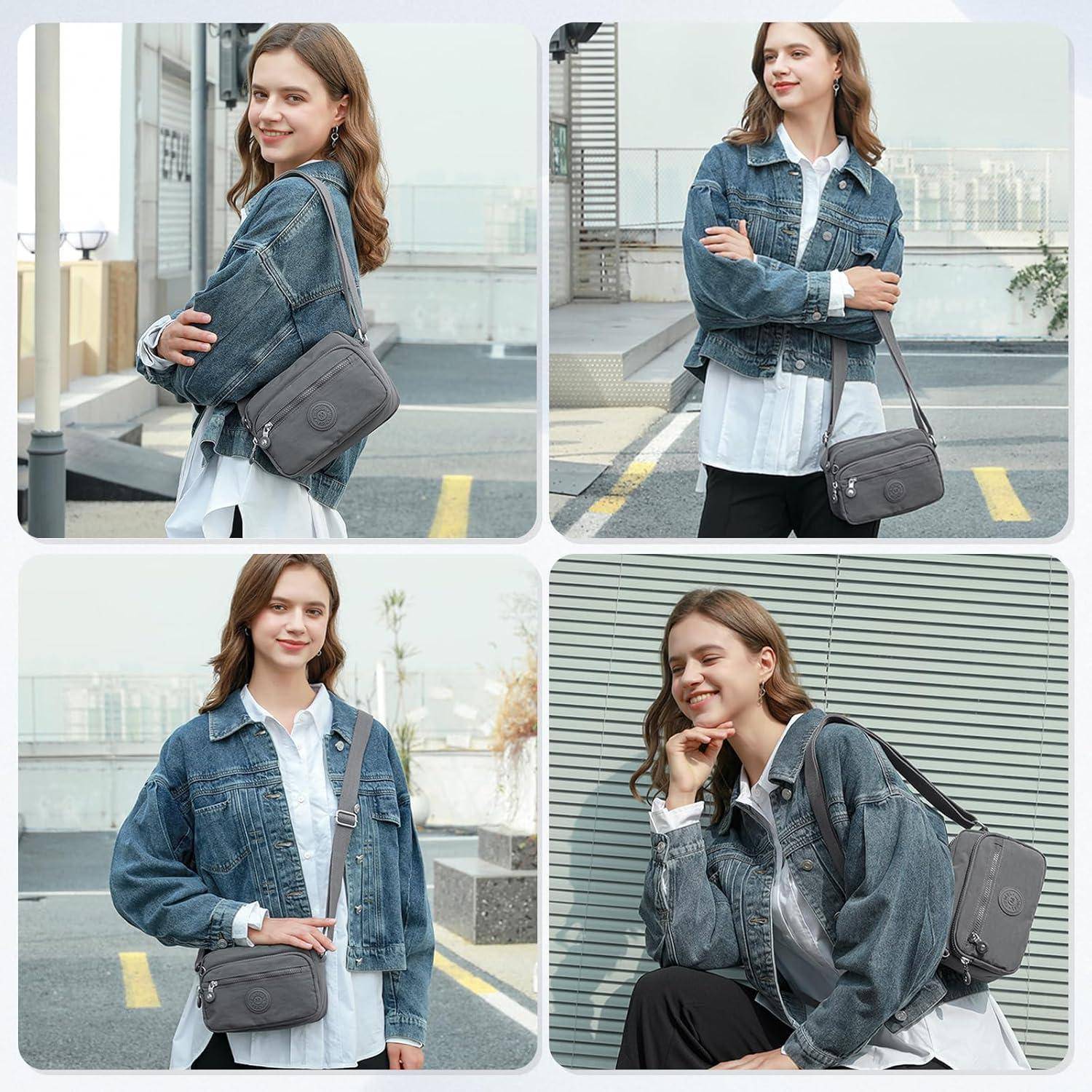 Vier Bilder zeigen eine Person, die eine Jeansjacke und eine Umhängetasche in verschiedenen Posen in einer urbanen Umgebung trägt.