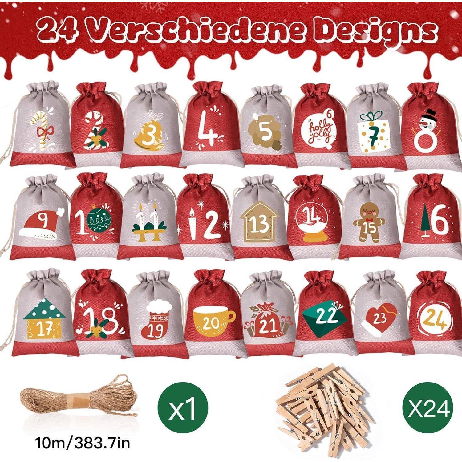 24 Verschiedene Designs' steht über 24 dekorativen roten und weißen Tüten, die von 1 bis 24 nummeriert und mit festlichen Illustrationen versehen sind. Enthält ein Bündel Bindfaden und 24 Holzklammern.