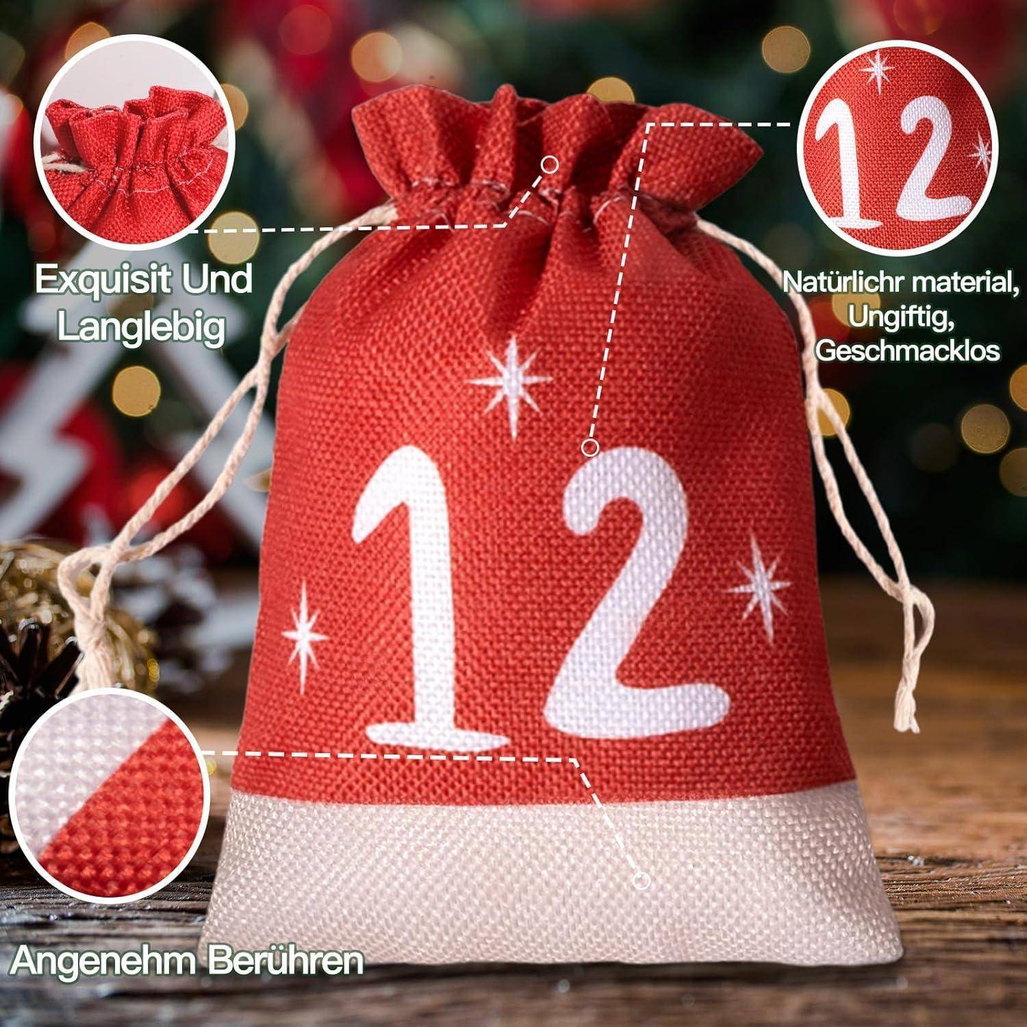 Ein roter Kordelzugbeutel mit der Nummer 12, beschrieben als nicht giftig, geruchlos, exquisit, haltbar und angenehm zu berühren.