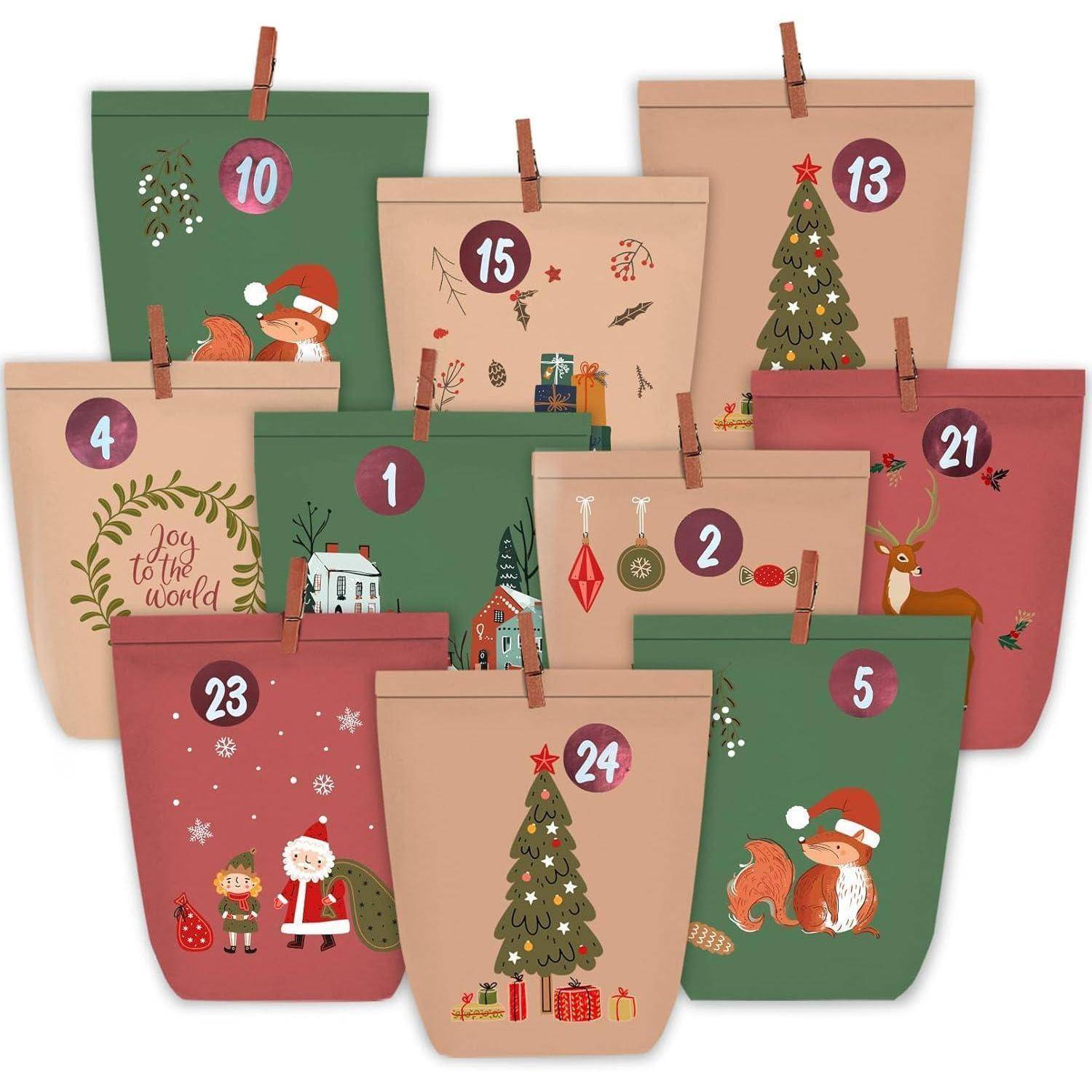 Adventskalender mit 10 nummerierten Tüten, versehen mit festlichen Illustrationen wie Weihnachtsmann, Rentieren, Bäumen und Christbaumschmuck.
