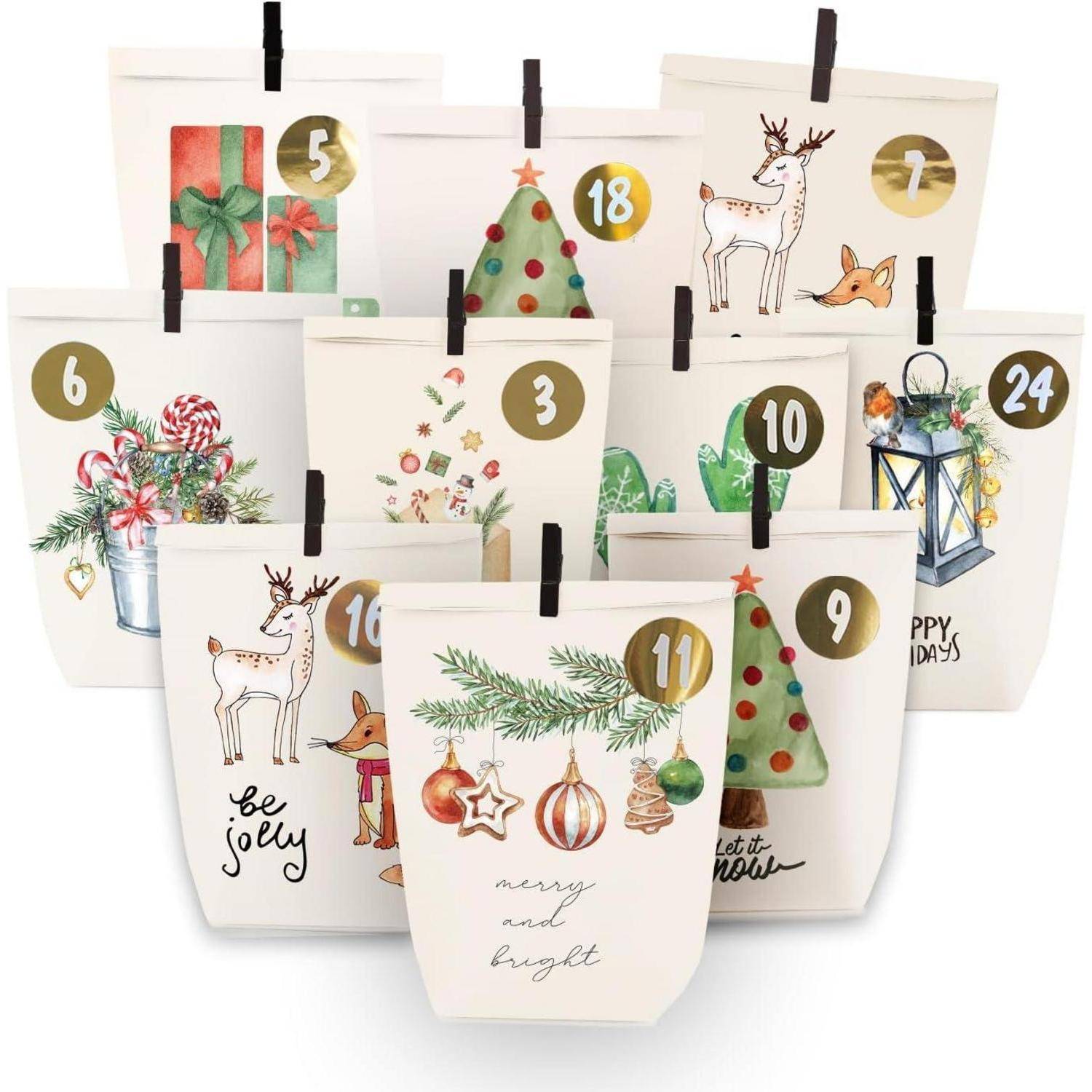 Verschiedene Geschenktüten mit Feiertagsmotiven, nummeriert und mit festlichen Illustrationen, einschließlich Weihnachtsbäumen, Rentieren und Weihnachtskugeln.