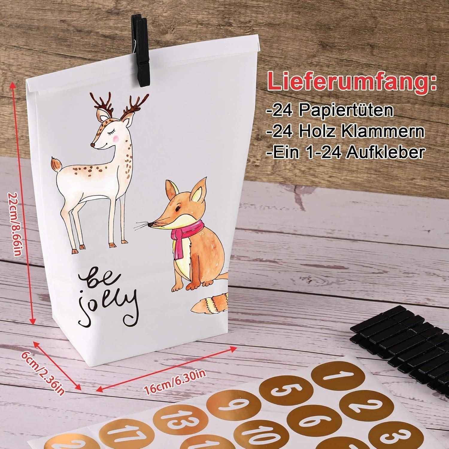 Eine dekorative Papiertüte mit einem Rentier und einem Fuchs, beschriftet mit 