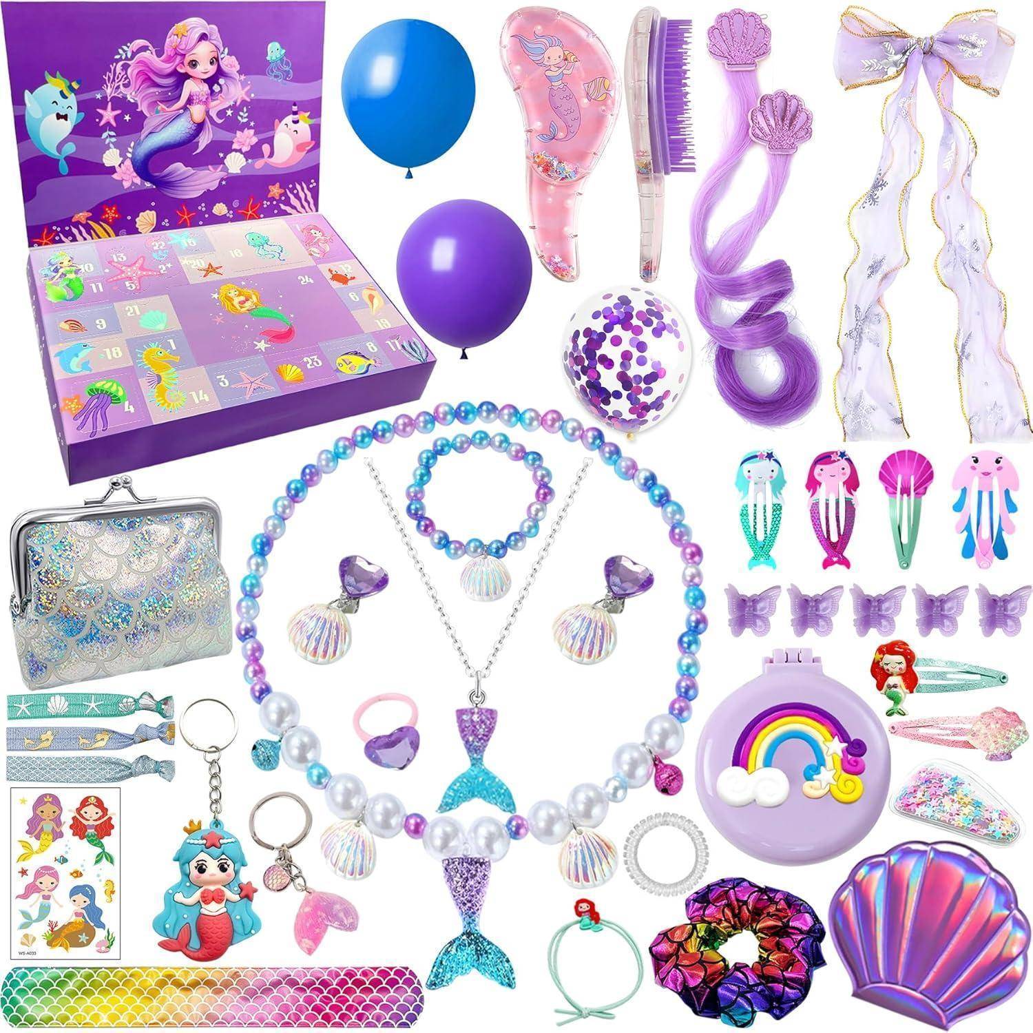 Meerjungfrauen-Adventskalender mit Halsketten, Haaraccessoires, Luftballons und Stickern. Mit bunten Meerjungfrauen- und Meesmotiven.