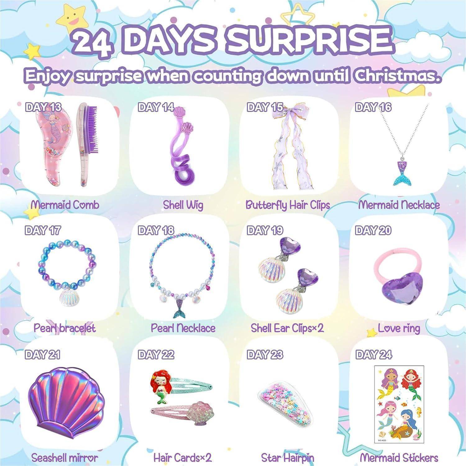 24 Tage Überraschung' Adventskalender mit verschiedenen kleinen Geschenken wie Kämmen, Schmuck und Stickern, thematisch gestaltet für einen Weihnachtscountdown.