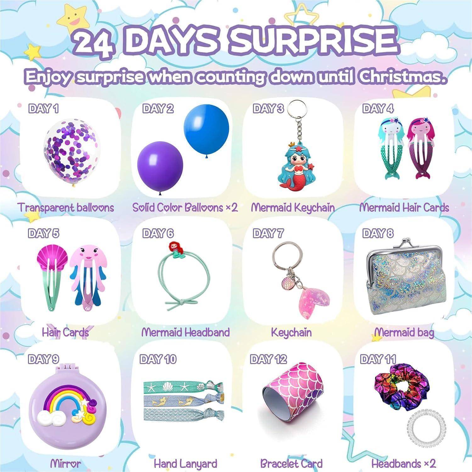 Der '24 Tage Überraschung' Adventskalender bietet täglich Geschenke wie Luftballons, Schlüsselanhänger, Haarspangen, Haarreifen und vieles mehr, die auf Weihnachten hinführen.