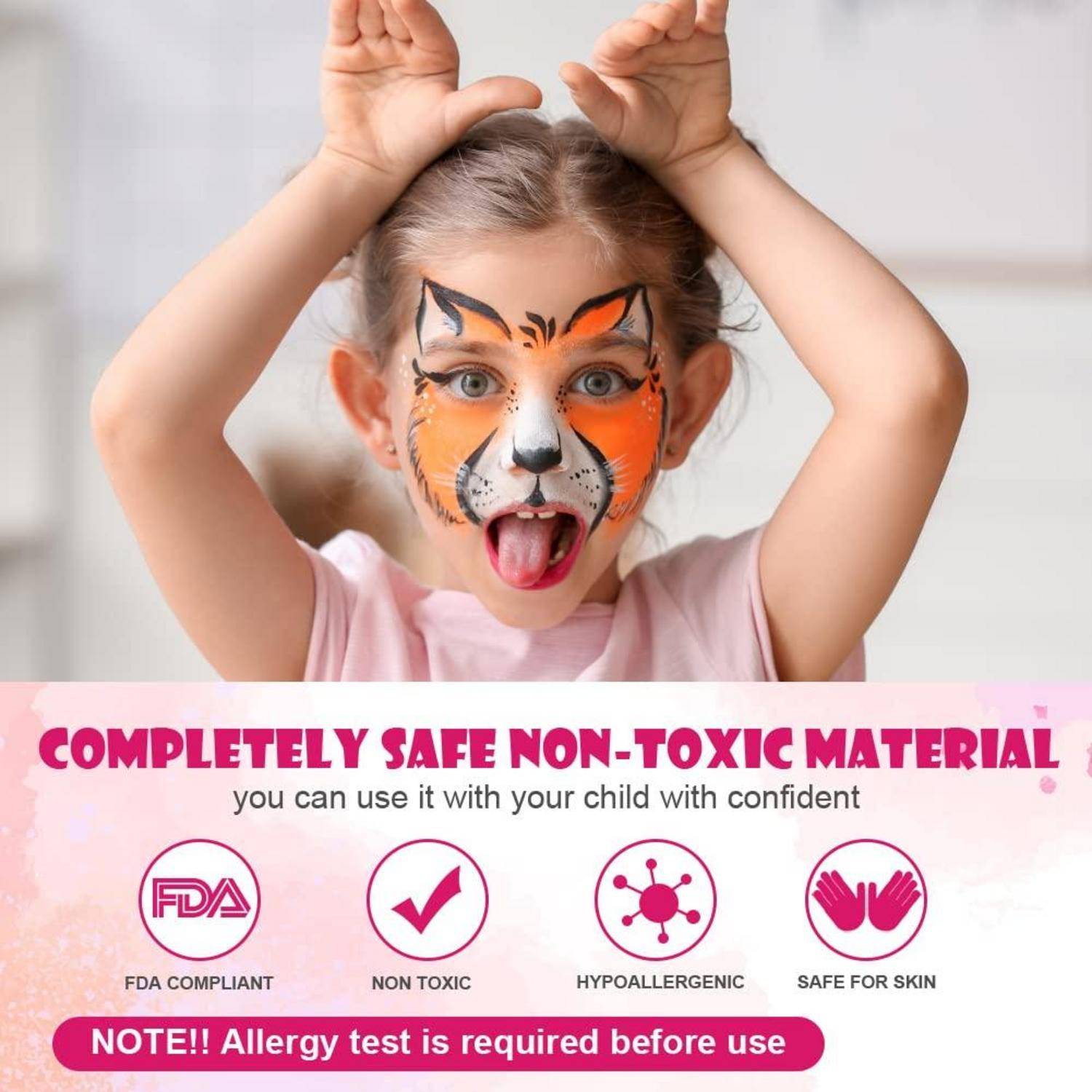 Ein Kind mit Tigergesichtsbemalung posiert verspielt. Der Text hebt die Gesichtsbemalung als „komplett sicher, ungiftig, FDA-konform, hypoallergen und hautfreundlich