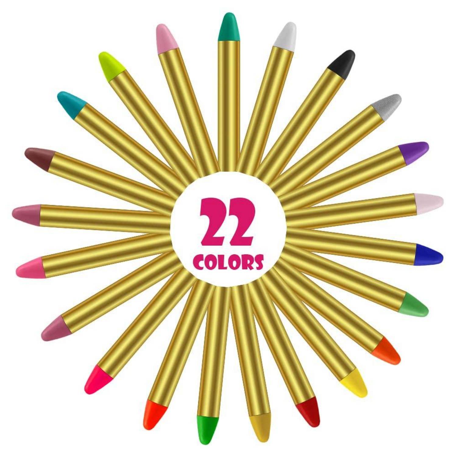 22 Farben' Text, umgeben von einer radialen Anordnung von bunten Wachsmalstiften mit goldenen Körpern, die die Vielfalt der Wachsmalstift-Farben präsentiert.