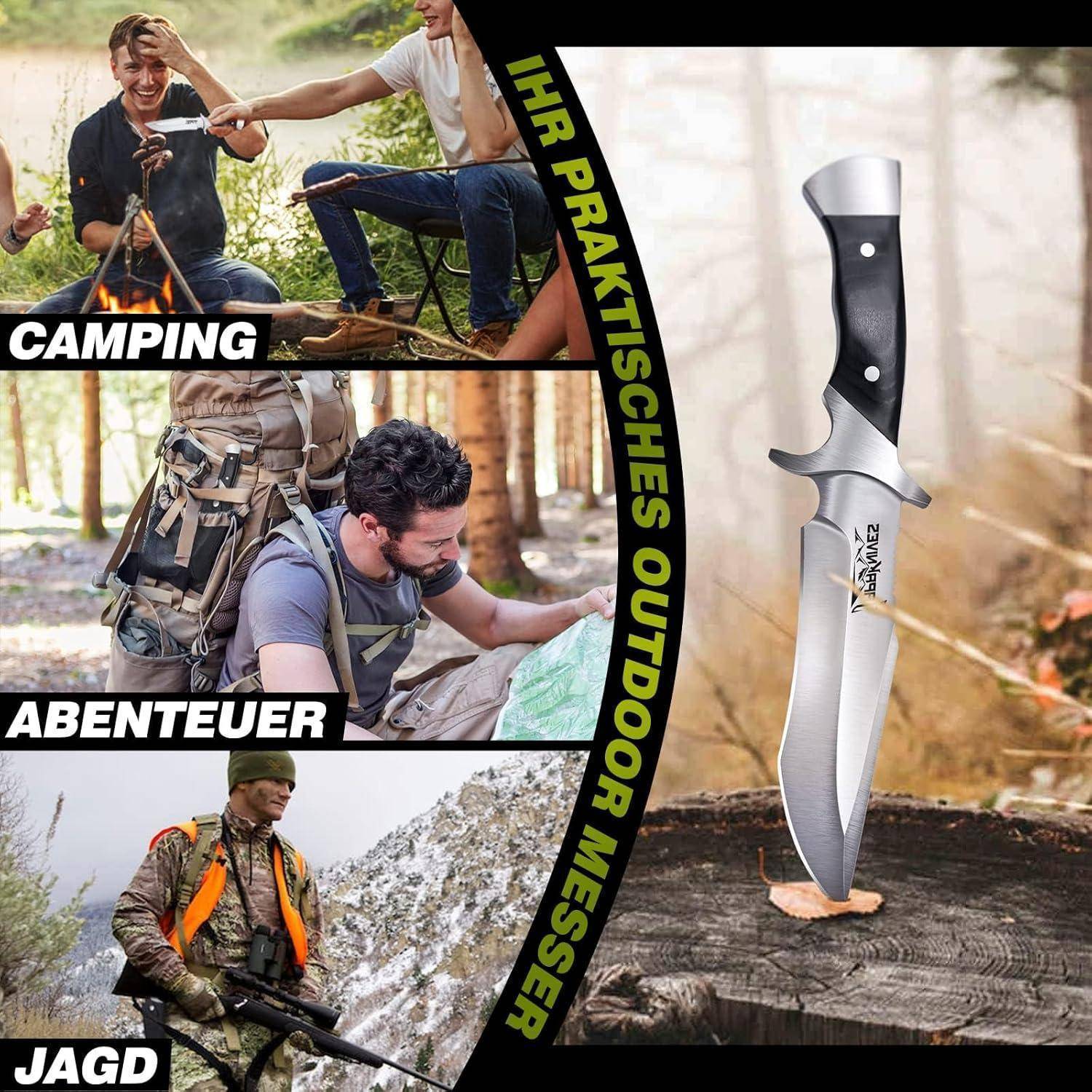 Eine Collage aus drei Bildern mit zentralem Fokus auf einem Jagdmesser. Linke Bilder zeigen Camping, Abenteuer mit Wanderausrüstung und eine Jagdszene. Deutscher Text liest sich: 'Ihr praktisches Outdoor Messer', 'Camping', 'Abenteuer', 'Jagd'.