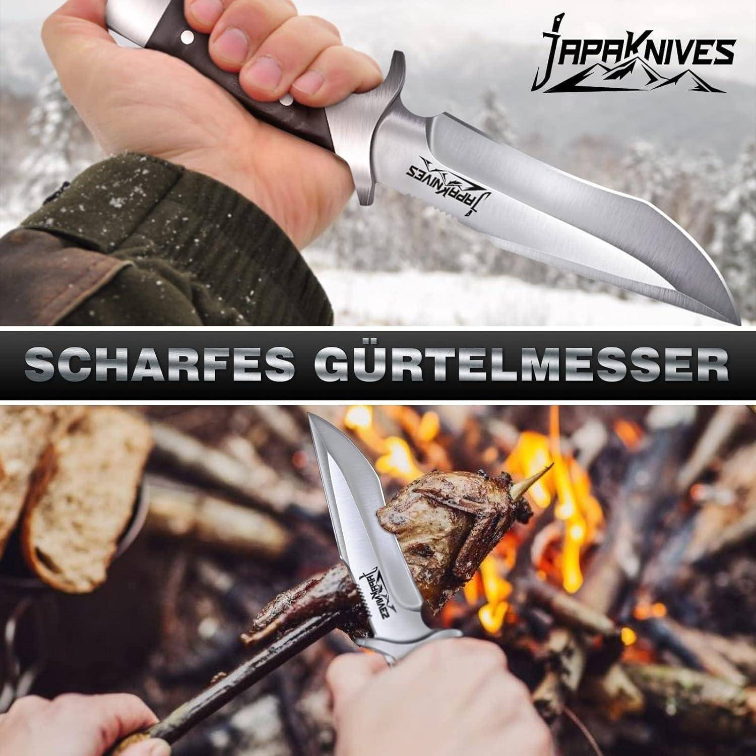 Eine Person, die ein Messer mit dem 'JapaKnives' Logo hält; Text 'SCHARFES GÜRTELMESSER'; Bild von Fleisch, das an einem Messer über einem Feuer gebraten wird.