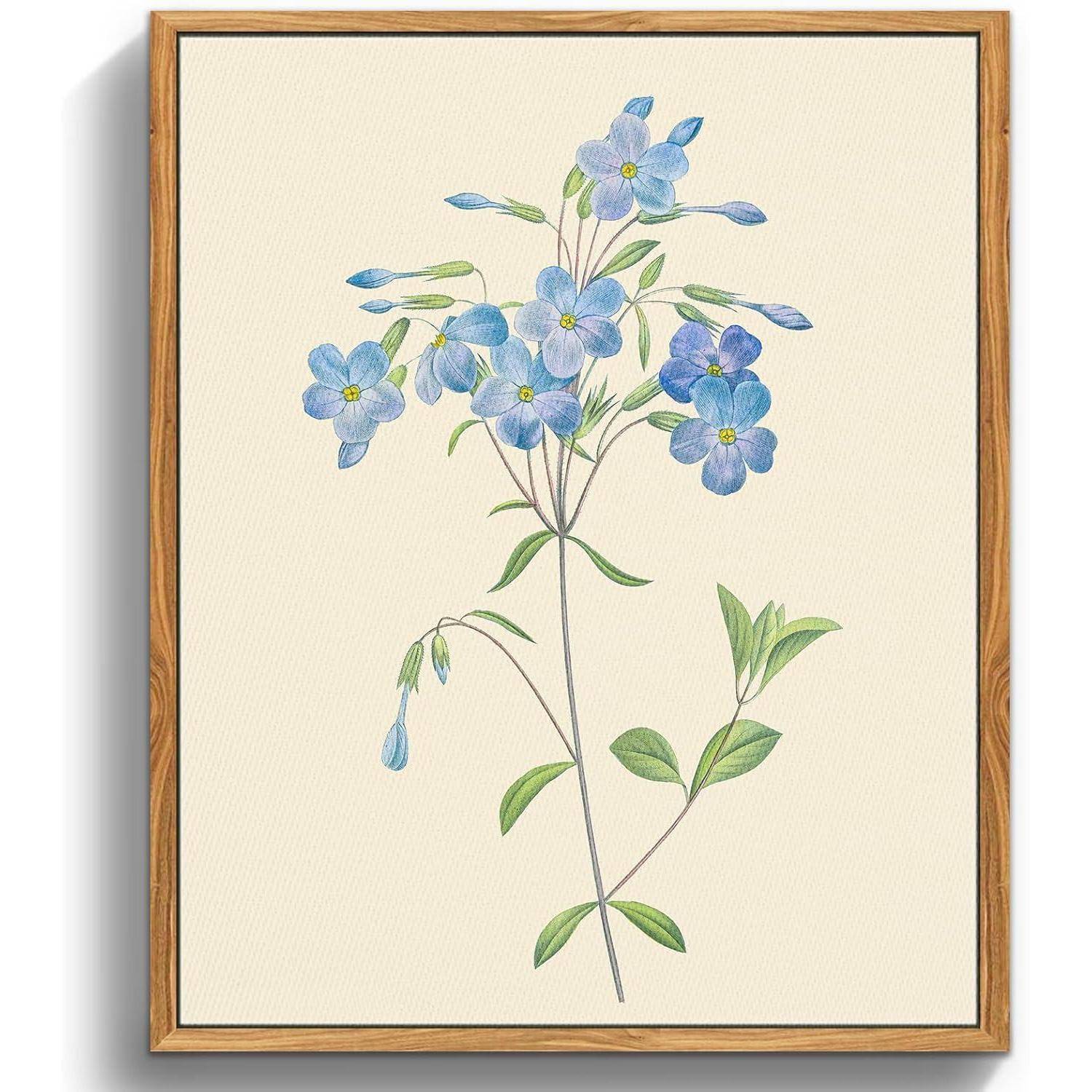 Eine gerahmte Illustration eines zarten Zweiges mit hellblauen Blüten und grünen Blättern auf einem cremefarbenen Hintergrund.