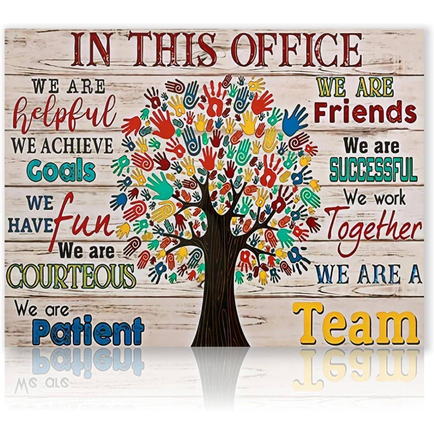 In diesem Büro sind wir hilfsbereit, erreichen Ziele, haben Spaß, sind zuvorkommend, geduldig, Freunde, erfolgreich, arbeiten zusammen und sind ein Team.
