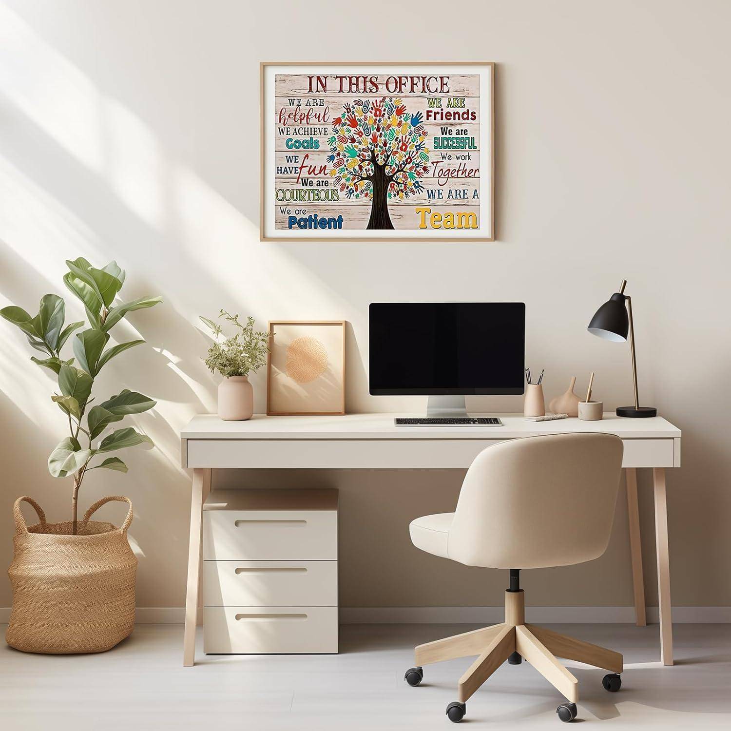 Ein minimalistischer Schreibtisch mit einem Computer, einer Lampe und Topfpflanzen. Ein gerahmtes Motivationsbild hängt darüber und hebt Werte wie Teamarbeit und Mut hervor.