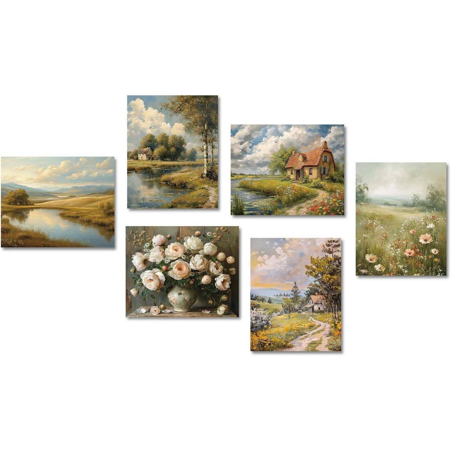 Eine Sammlung von sechs Gemälden, die friedliche Landschaften und Blumenarrangements darstellen, wobei jedes Bild ruhige Landszenen und blühende Blumen zeigt.