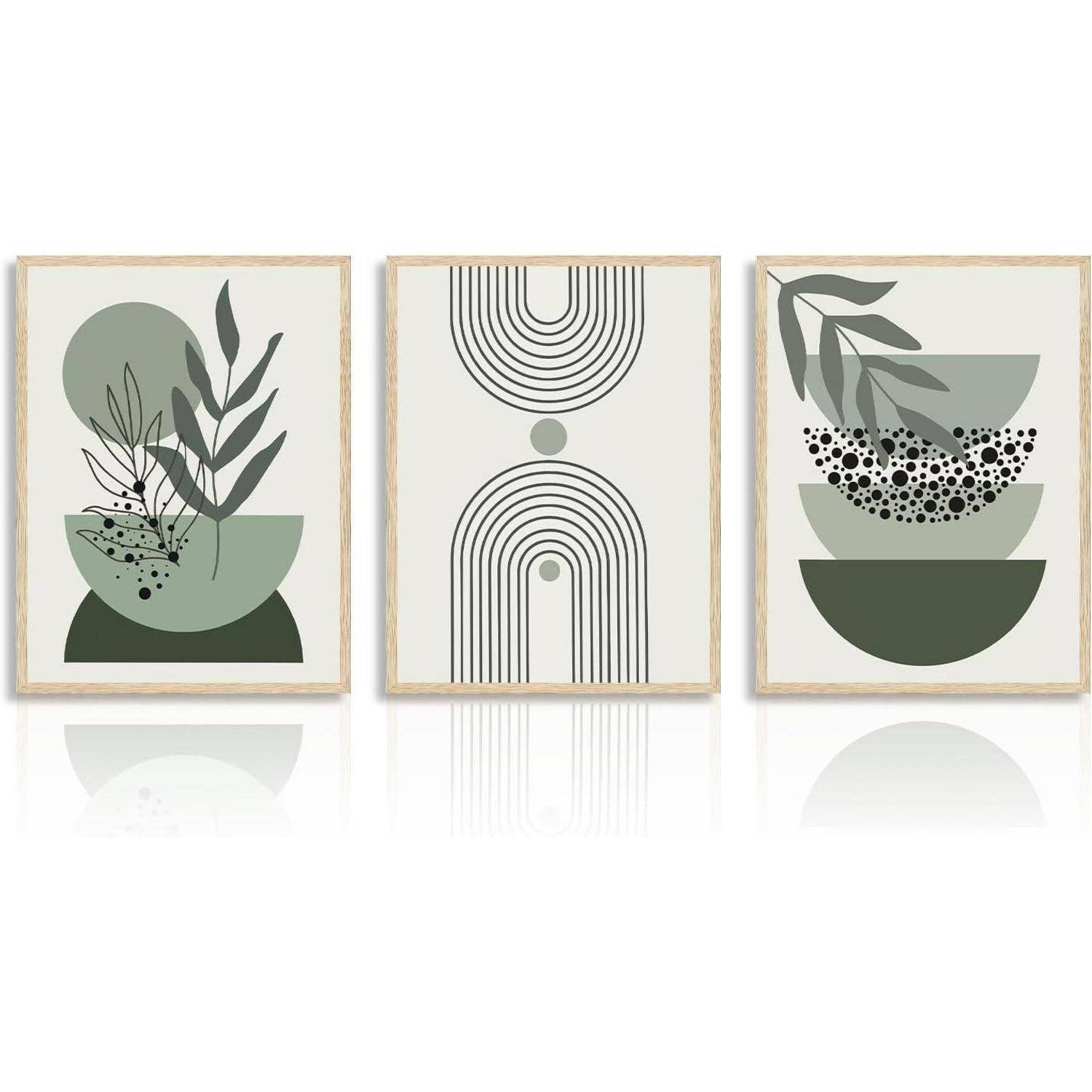Abstrakte Kunstdrucke in neutralen Grün- und Schwarztönen, die geometrische Formen, Pflanzenmotive und konzentrische Linien darstellen.