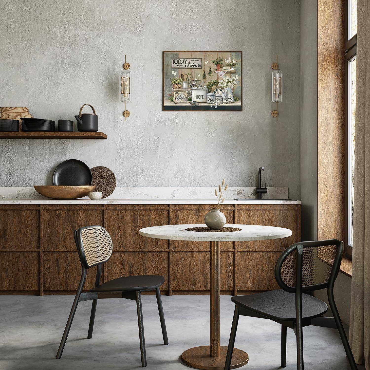 Ein moderner Essbereich mit einem runden Tisch, zwei Stühlen, minimalistischer Dekoration und neutralen Tönen, mit einer Wandkunst mit dem Schriftzug 