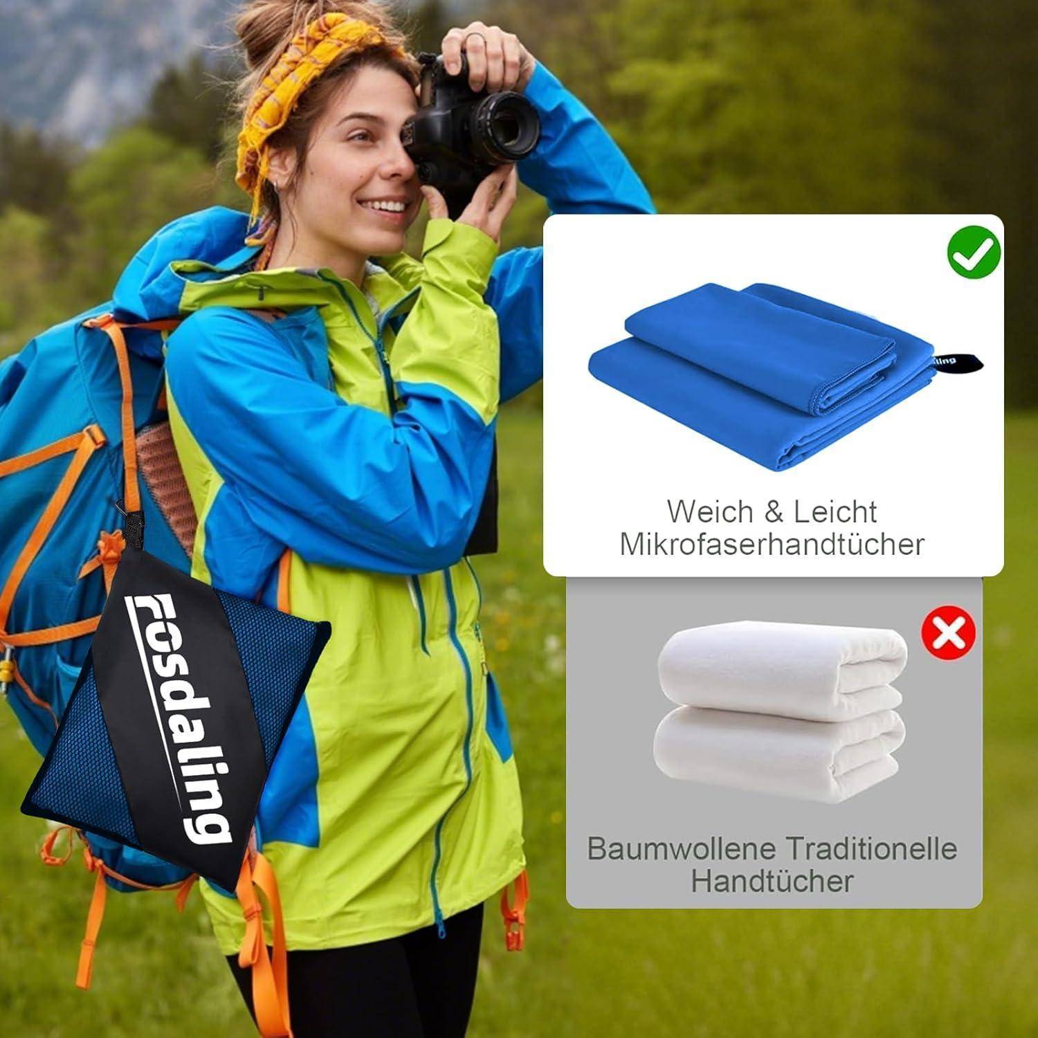 Eine Person wandert in bunter Outdoor-Bekleidung und verwendet eine Kamera. Daneben zeigt ein Vergleich ein „Weiches & leichtes Mikrofasertuch" mit einem Häkchen und „Baumwollene traditionelle Handtücher"" mit einem Kreuz.
