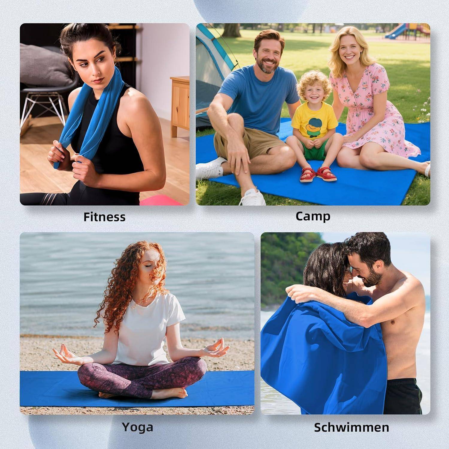 Fitness': Person, die drinnen trainiert. 'Camp': Familie, die auf einer Picknickdecke im Freien sitzt. 'Yoga': Frau, die am Wasser meditiert. 'Schwimmen': Zwei Personen, die sich an einem Pool umarmen.