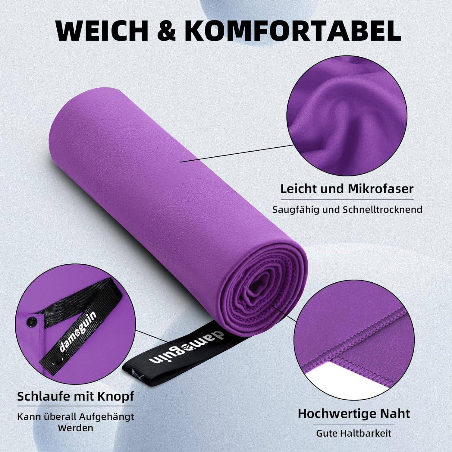 Weich & komfortabel' violettes Mikrofasertuch mit Nahaufnahmen der Textur und Naht, die Saugfähigkeit und Langlebigkeit hervorheben.