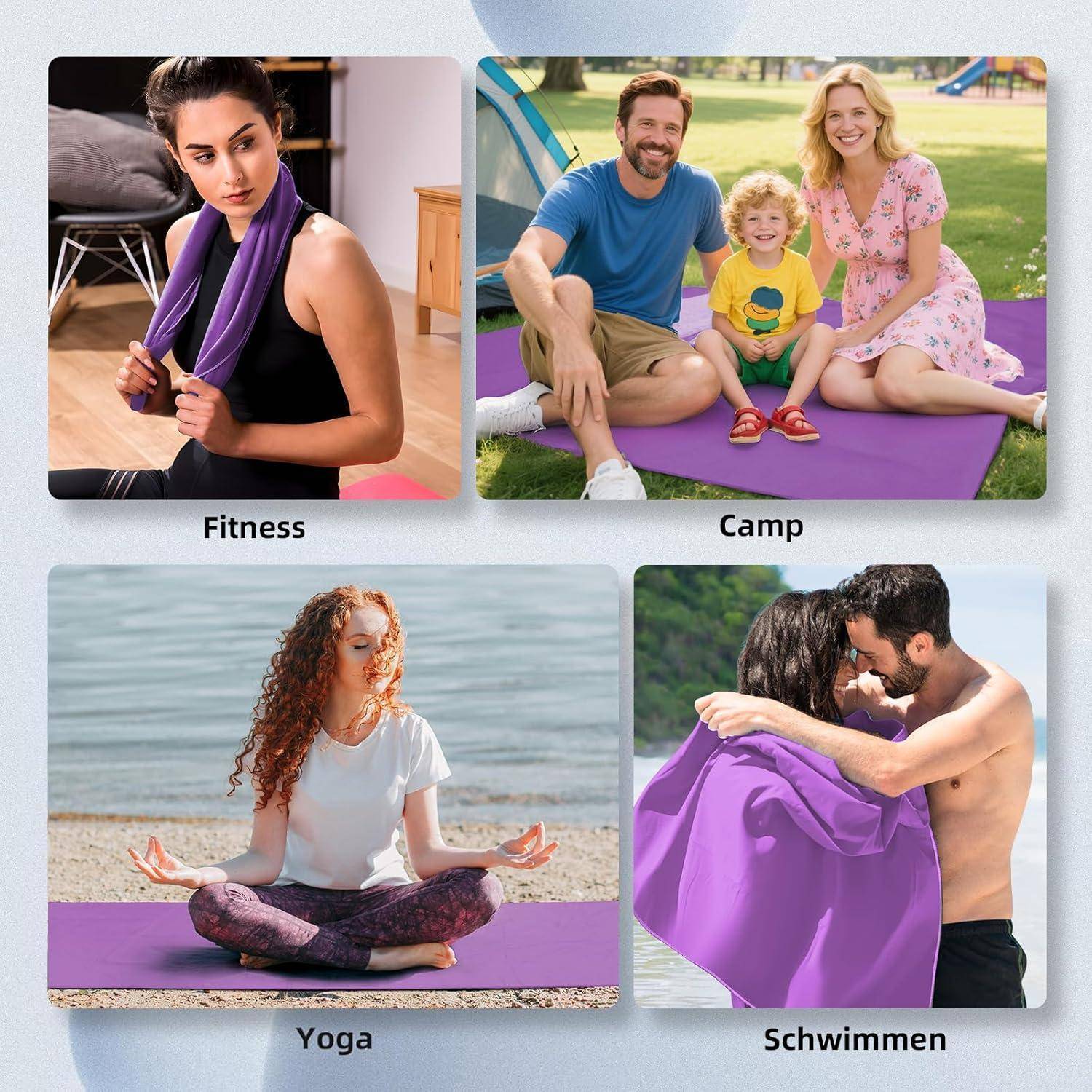 Fitness': Person mit einem Handtuch sitzend. 'Camp': Familie mit drei Personen auf einer Picknickdecke sitzend. 'Yoga': Person auf einer Matte meditierend. 'Schwimmen': Paar sich am Wasser umarmend mit einem Handtuch.