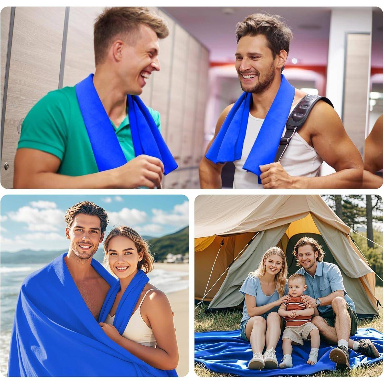 Vier Bilder, die Menschen mit blauen Reisehandtüchern zeigen: zwei Männer, die sich in einer Umkleidekabine amüsieren, ein Paar am Strand und eine Familie neben einem Zelt.