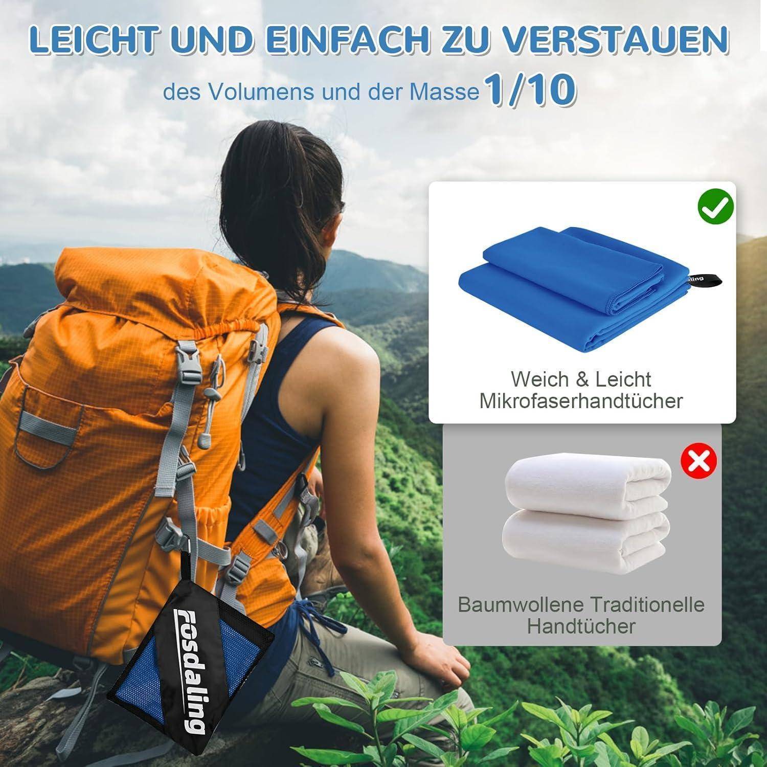 Eine Person mit einem großen orangefarbenen Rucksack überblickt eine Berglandschaft. Eingesetzte Bilder vergleichen ein kompaktes Microfasertuch mit einem traditionellen Baumwolltuch.
