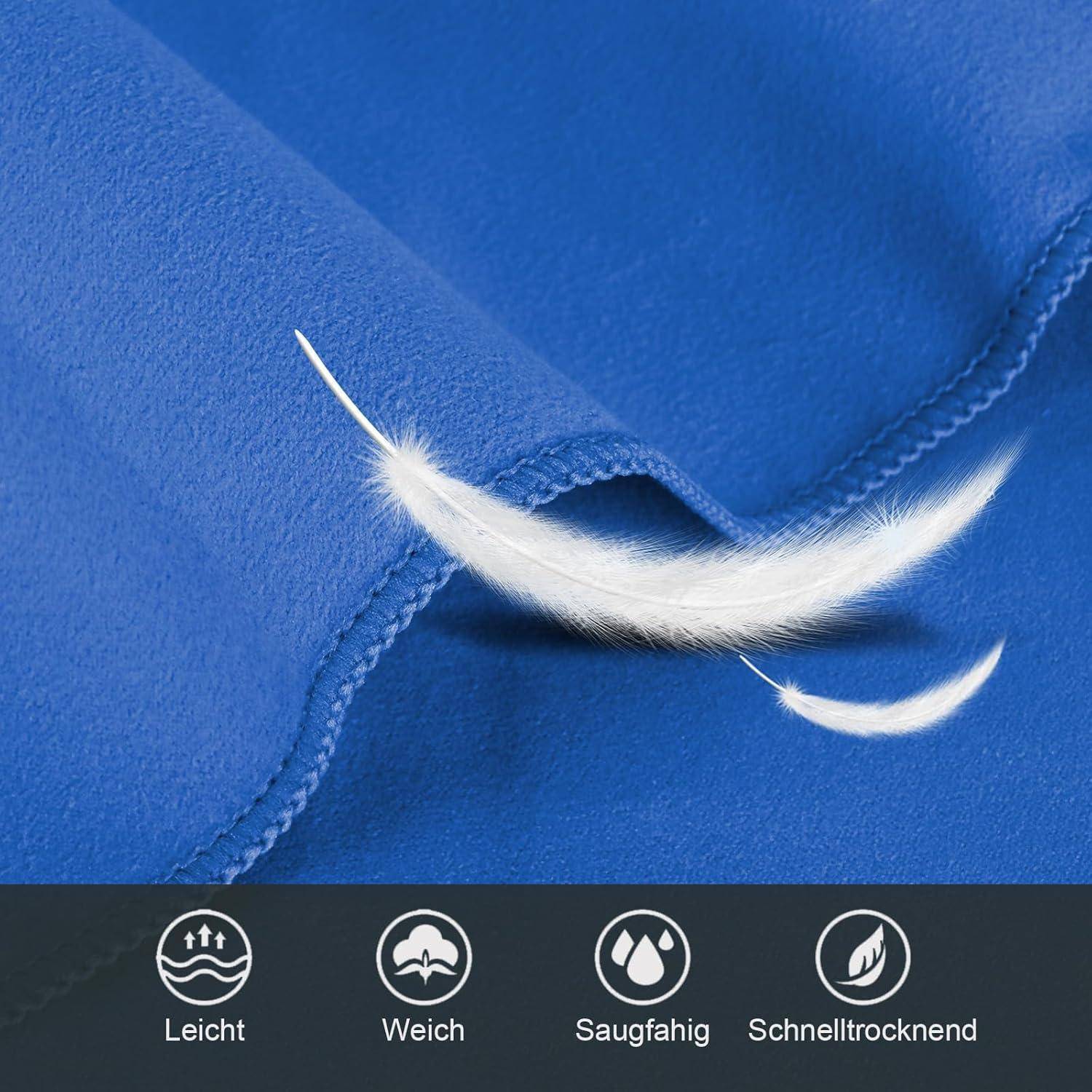 Feder auf blauem Stoff; Symbole darunter zeigen leichtgewichtige, weiche, absorbierende und schnell trocknende Eigenschaften.