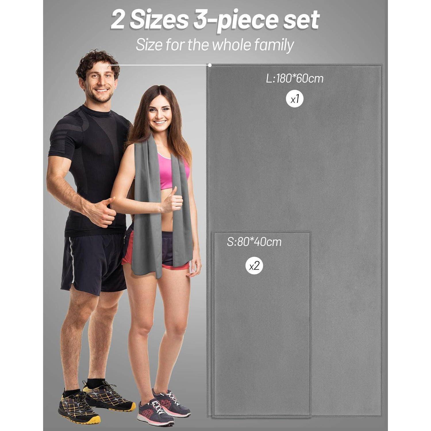Zwei lächelnde Personen in Sportkleidung neben einer Grafik mit zwei Handtuchgrößen, 'L:180*60cm' und 'S:80*40cm', gekennzeichnet als 3-teiliges Set für Familiengebrauch.