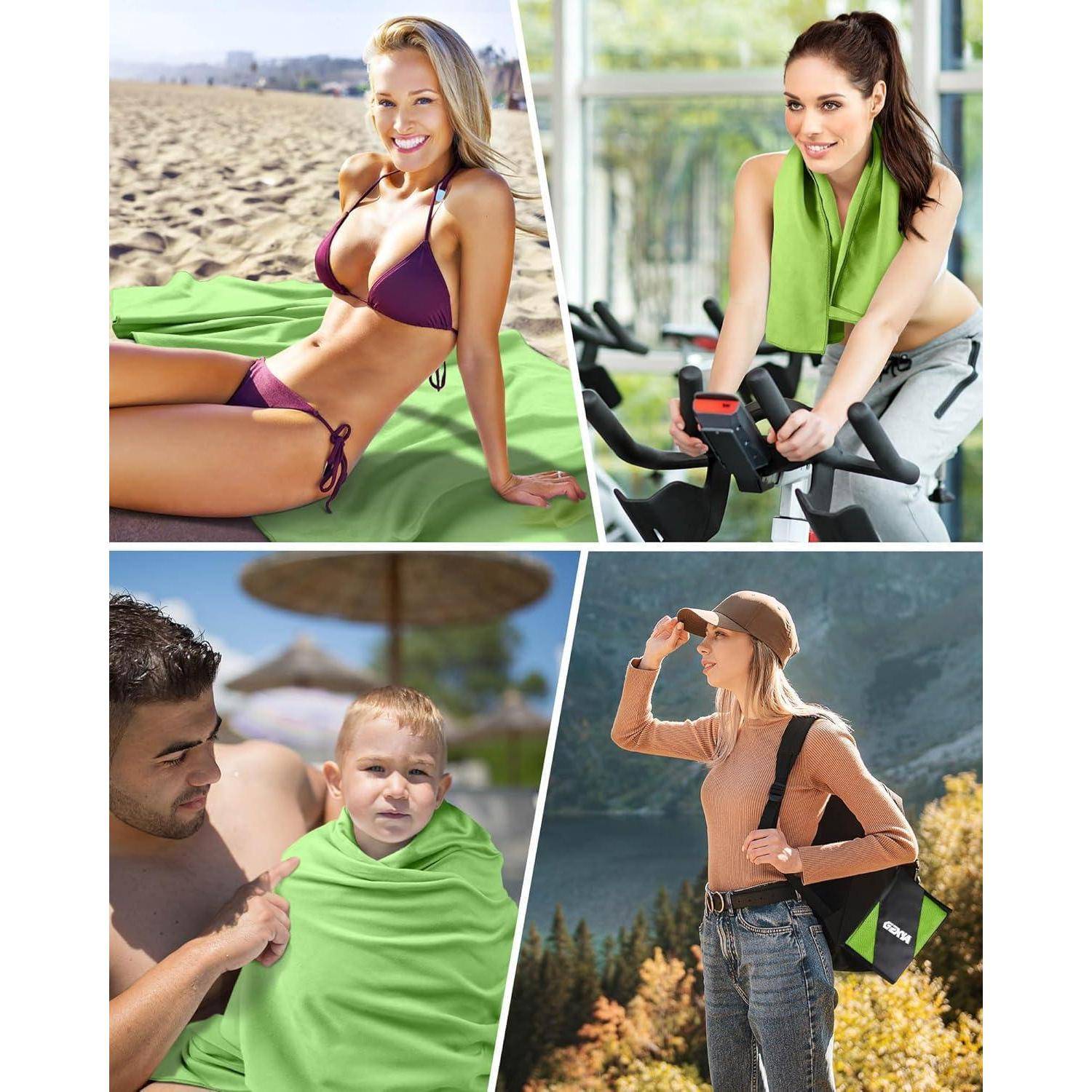 Vier Bilder von Menschen mit einem grünen Handtuch: eine Frau am Strand, eine Frau auf einem Standfahrrad, ein Mann mit einem Kind und eine Frau im Freien.