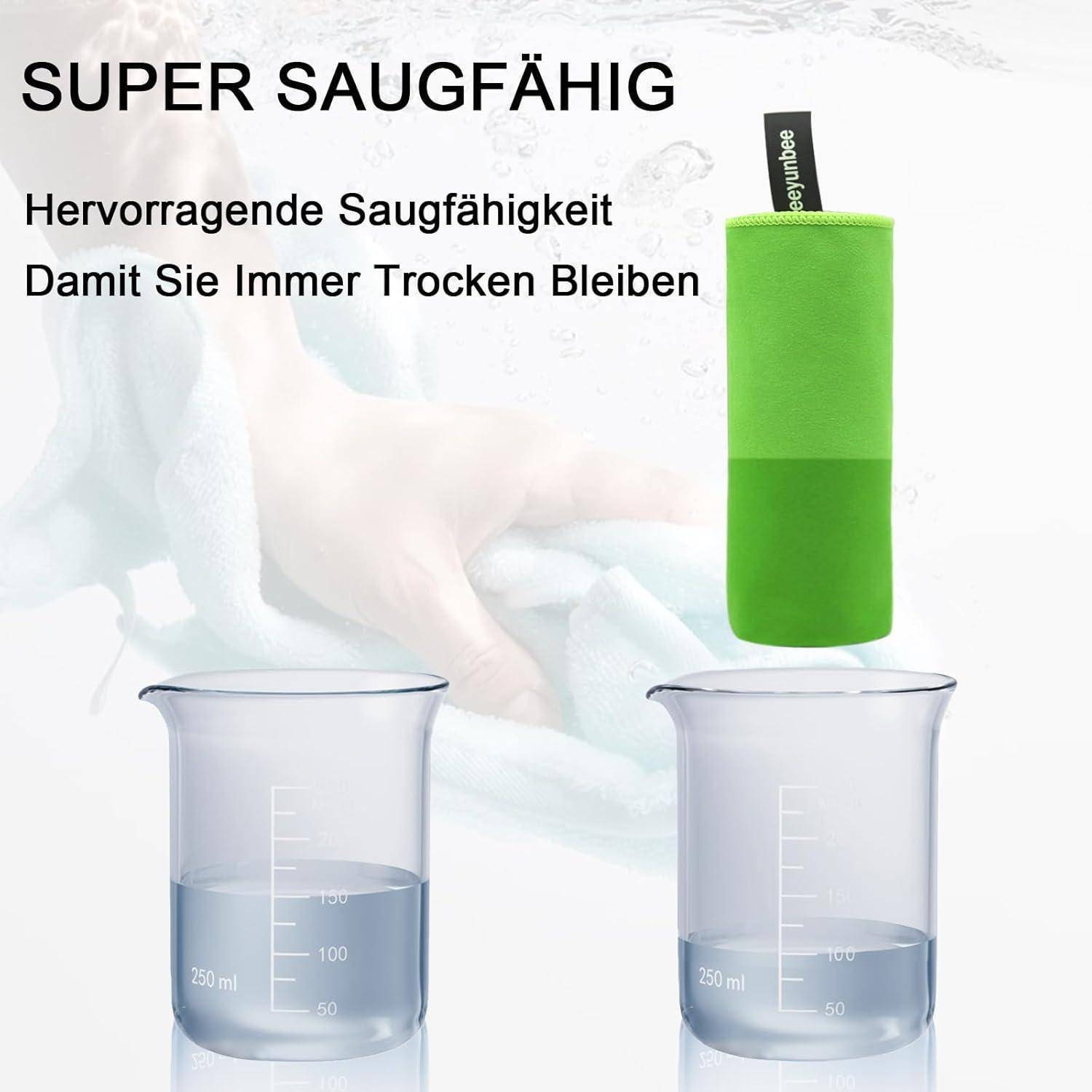 Eine Hand wringt einen hellblauen Stoff in der Nähe von zwei 250-ml-Bechern mit unterschiedlichen Wasserständen. Der Text besagt 