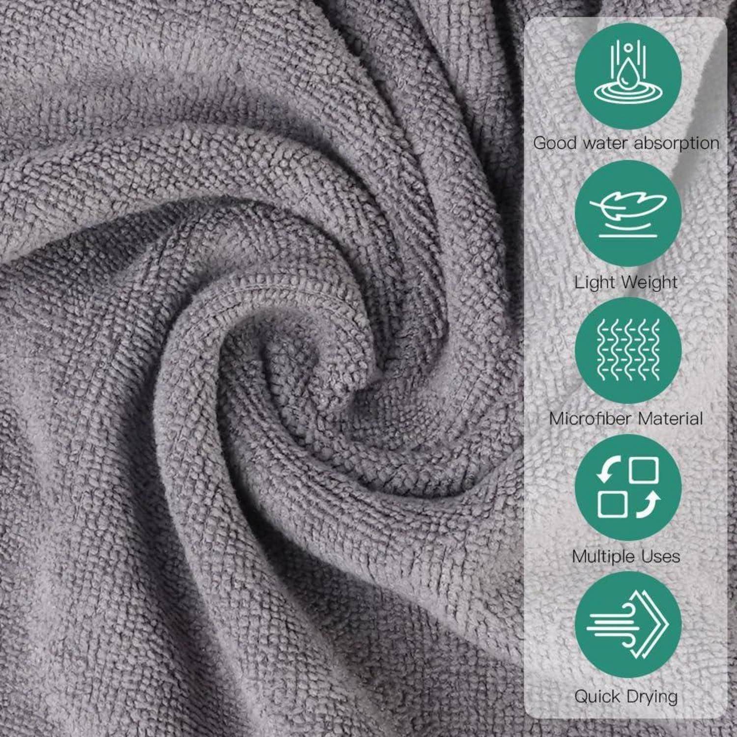 Grauer Mikrofaser-Handtuch mit Wirbeldesign, mit Hervorhebung der Eigenschaften: ‚Gute Wasseraufnahme', ‚Leicht', ‚Vielseitig einsetzbar', ‚Schnell trocknend'.