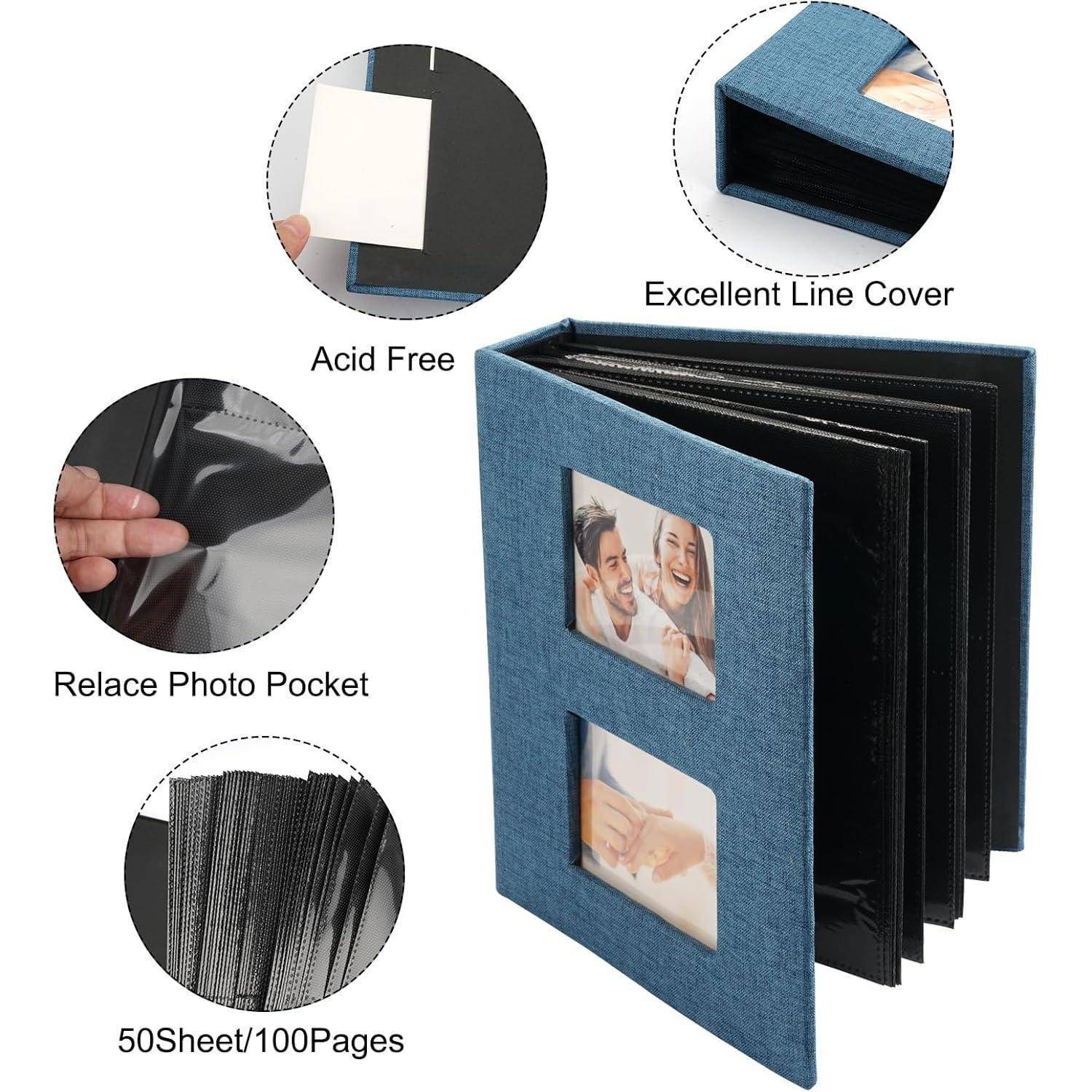 Blaues Fotoalbum mit zwei Einbandöffnungen zum Anzeigen von Bildern. Ausgestattet mit 50 Blättern (100 Seiten), säurefrei und mit austauschbaren Fototaschen.