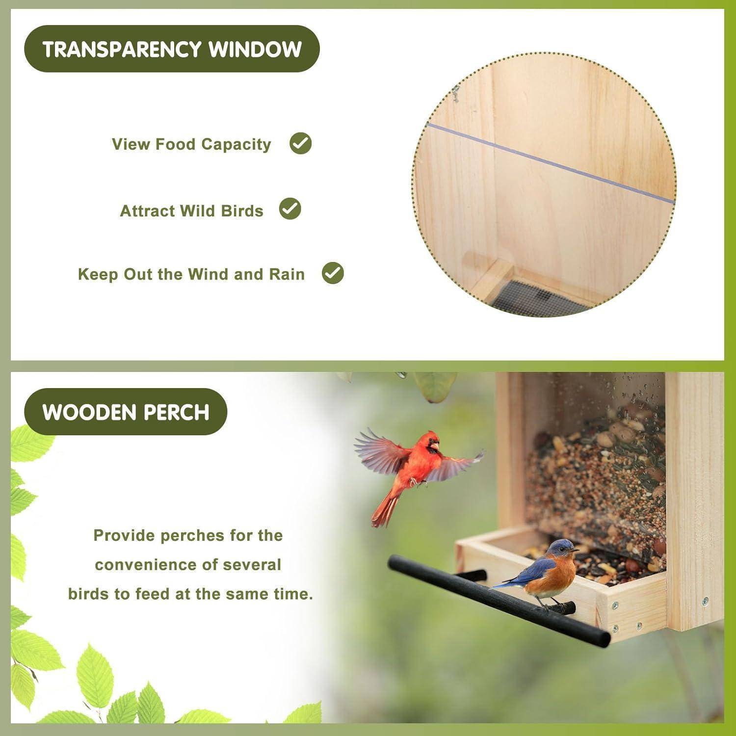Transparentes Fenster' beschreibt, dass es die Sicht auf die Futterkapazität ermöglicht, Wildvögel anlockt und Wind und Regen abhält. Der Abschnitt 'Holzpfosten' hebt Sitzstangen hervor, die für die Fütterung von Vögeln bequem sind.