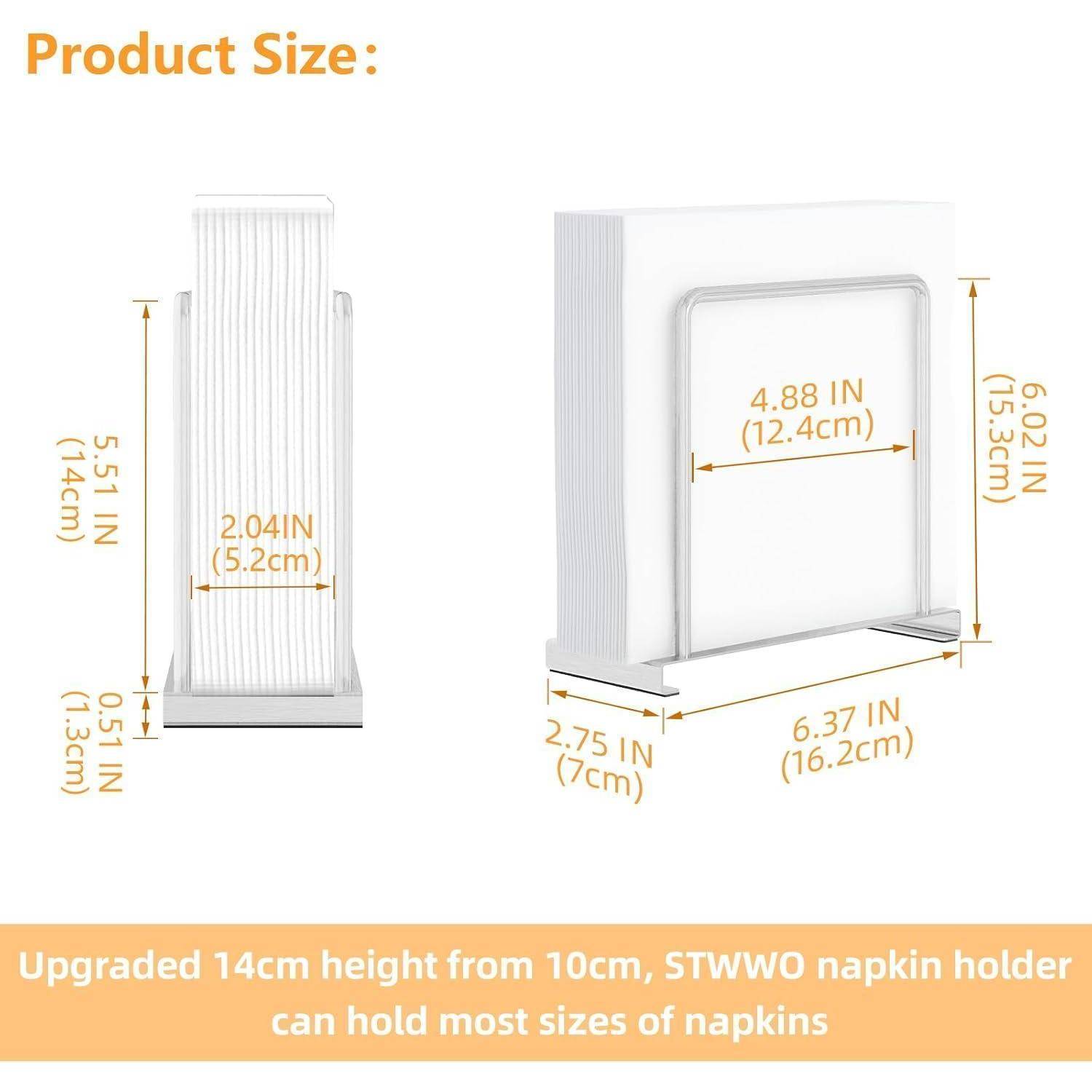 Produktgröße: Auf 14 cm Höhe aufgewertet gegenüber 10 cm, der STWWO Serviettenhalter kann die meisten Serviettengröße aufnehmen.
