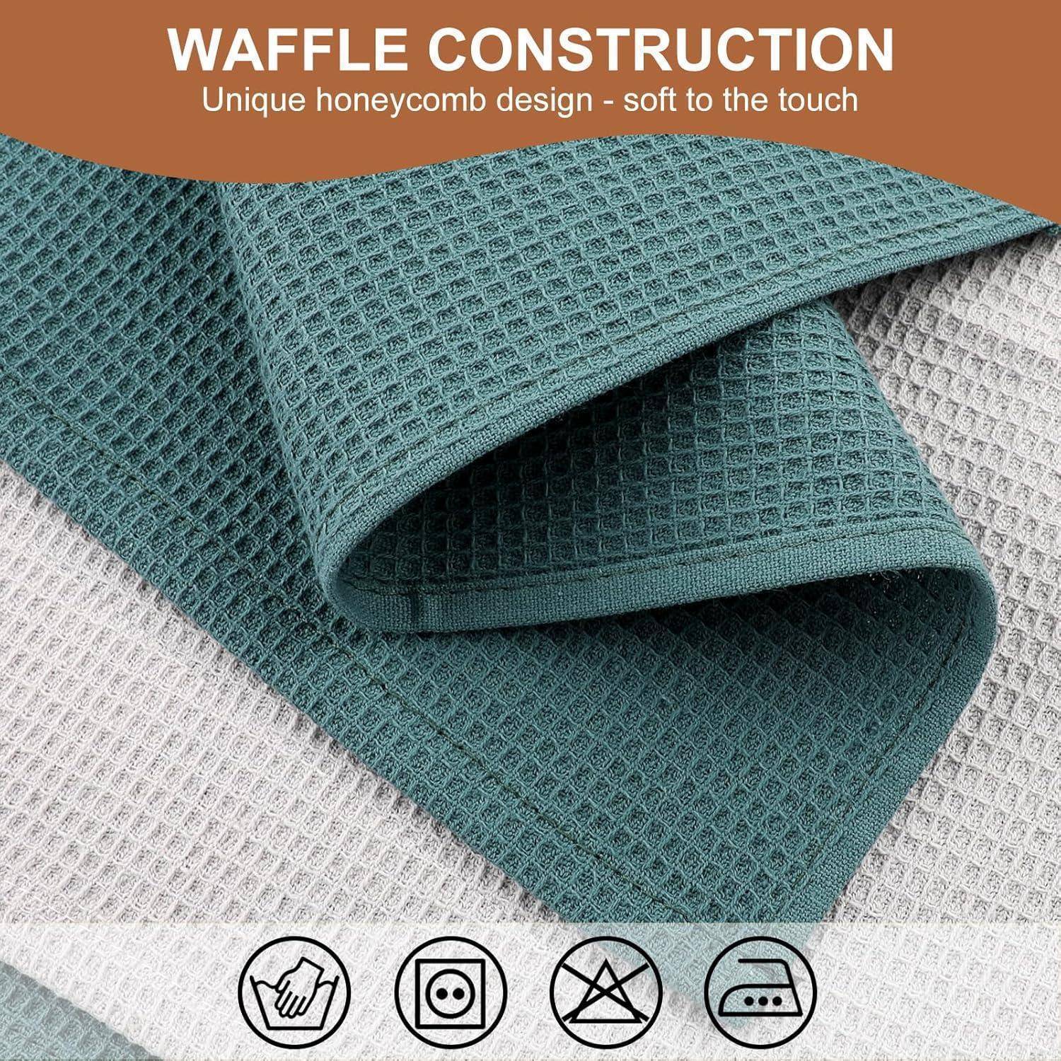 Waffelbau-Handtuch mit einzigartiger Wabenmusterung, weiche Textur. Symbole empfehlen Handwäsche, nicht bleichen, bei niedriger Temperatur trocknen.