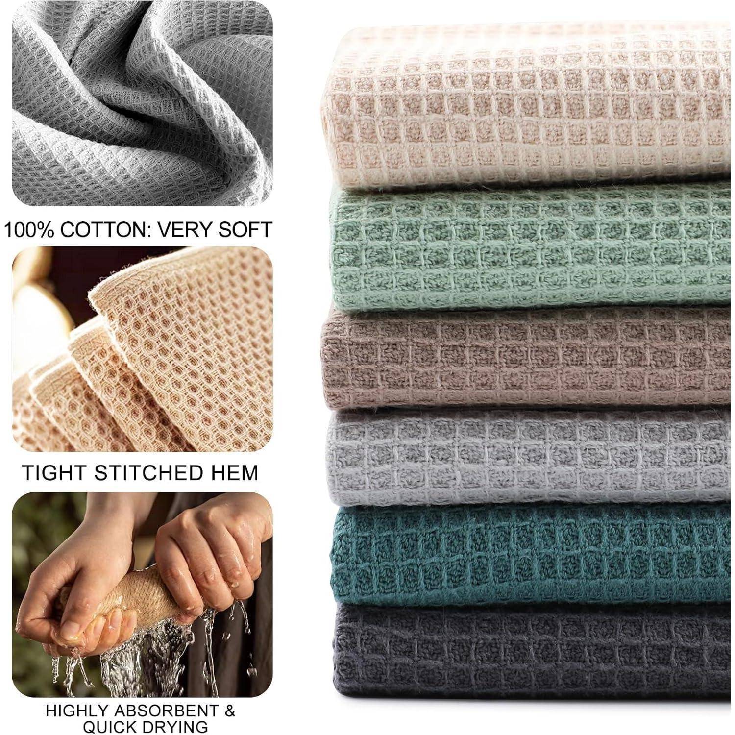 Ein Stapel von mehrfarbigen Waffelweave-Handtüchern, die mit '100% Baumwolle' und 'Hochabsorbierend & schnell trocknend' beschriftet sind, mit Nahaufnahmen der Textur und des Saums.