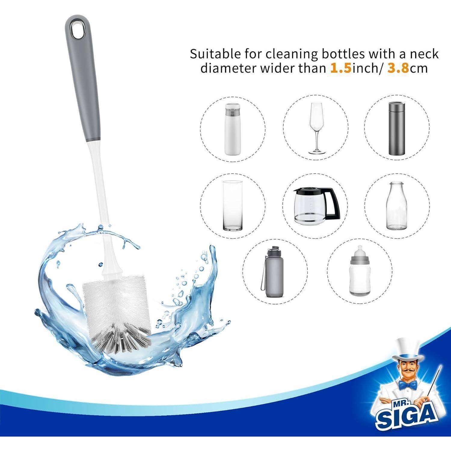 Flaschenbürste mit Wasserspray, geeignet zum Reinigen von Flaschen mit Hälsen breiter als 1,5 Zoll/3,8 cm. Verschiedene Flaschentypen dargestellt.