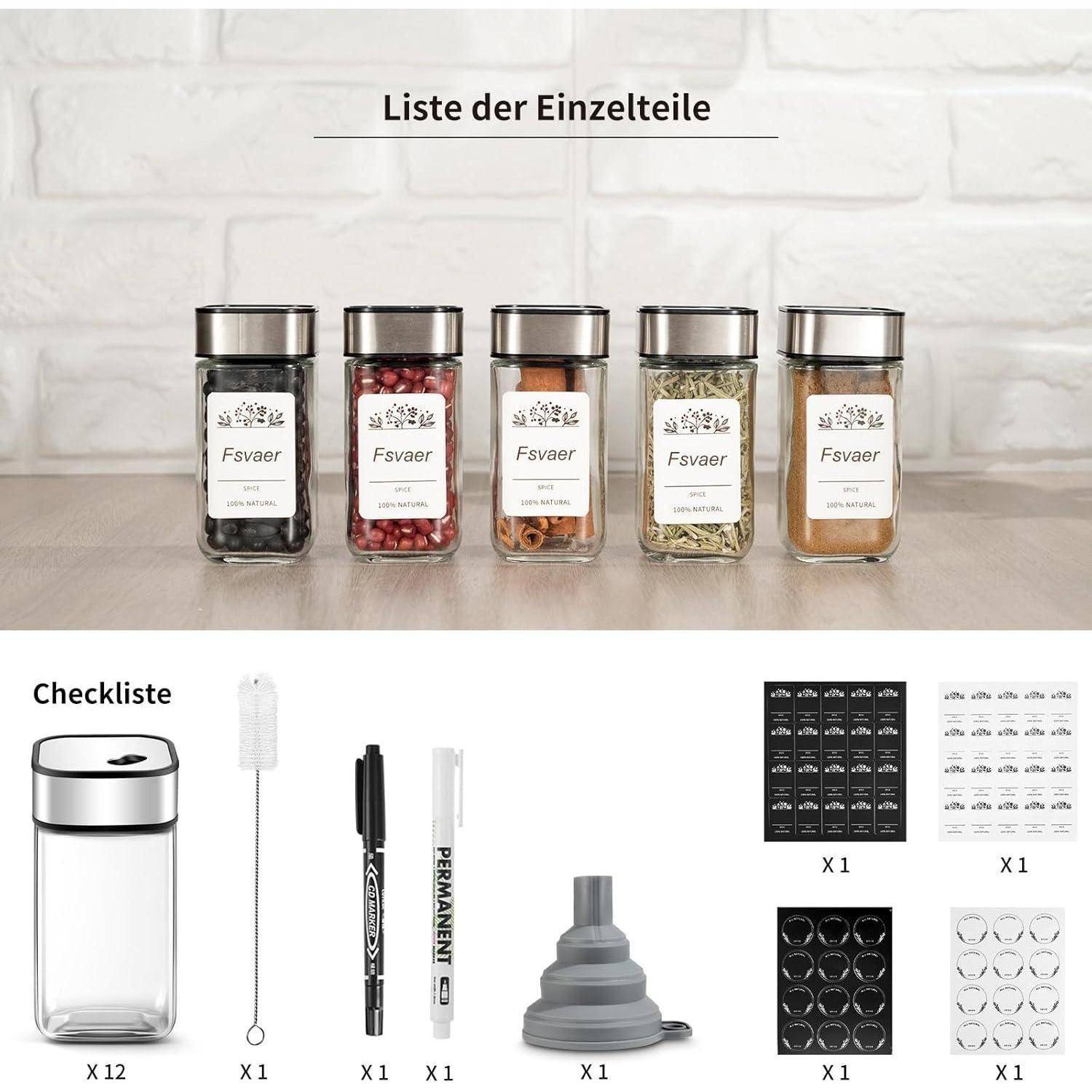 12 Gewürzgläser Eckig 120ML mit Streueinsatz Drehdeckel Edelstahl-Glas