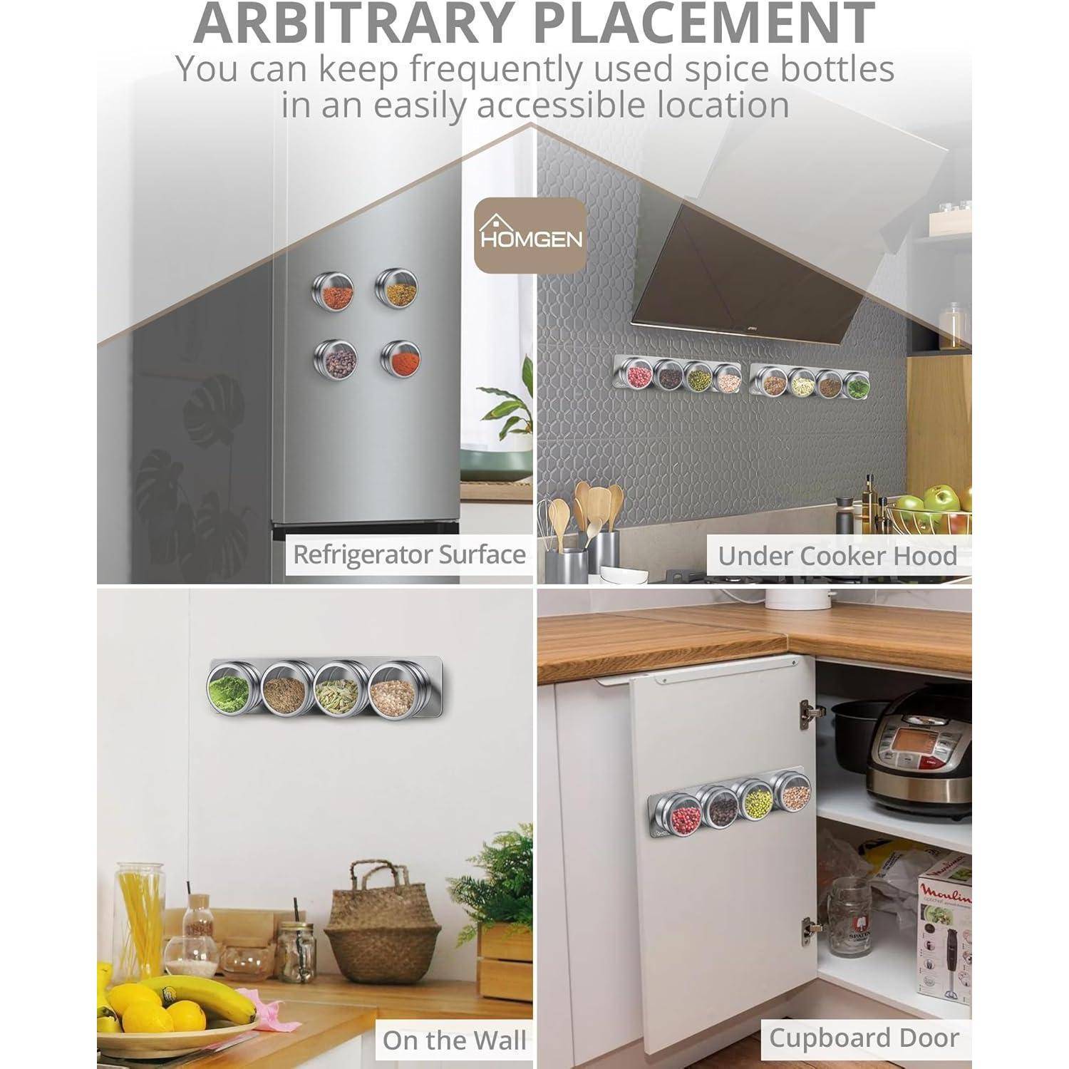 Bild zeigt 'beliebige Platzierung' von Gewürzflaschen mit magnetischen Halterungen. Beispiele umfassen Kühlschrank, Dunstabzugshaube, Wand und Küchenschranktür.