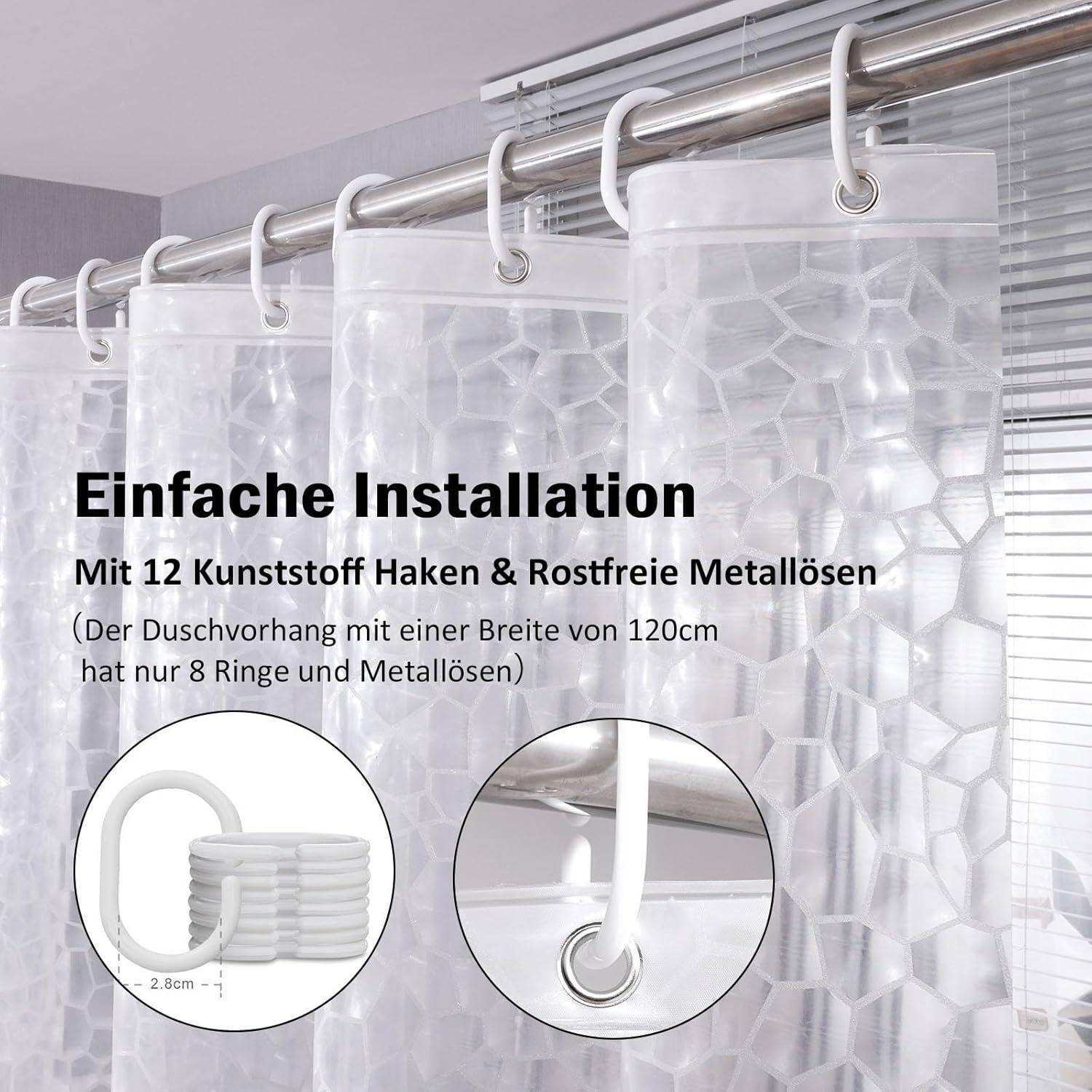 Ein durchsichtiger Duschvorhang mit sechseckigen Mustern ist zu sehen, der an einer Stange mit Haken befestigt ist. Der Text lautet „Einfache Installation