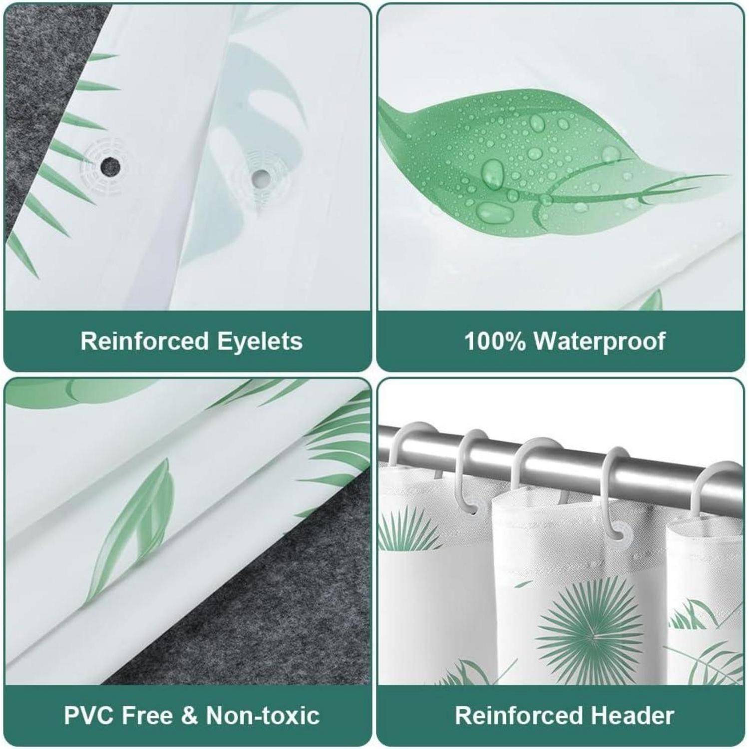Weißer Duschvorhang mit hervorgehobenen Blattmusterelementen: Verstärkte Ösen, zu 100% wasserdicht, PVC-frei und ungiftig, verstärkter Kopfbereich.