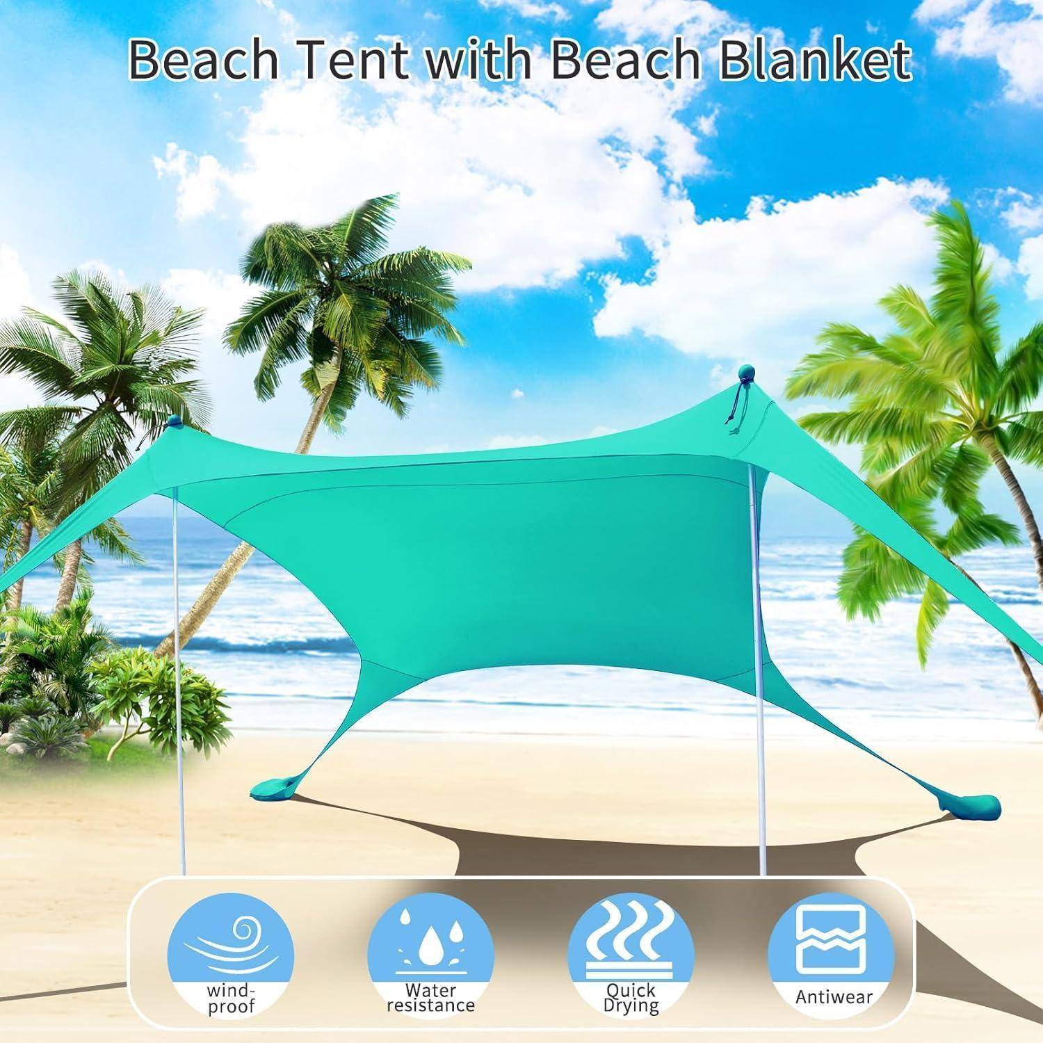 Türkisfarbenes Strandzelt mit einer Stranddecke auf Sand, umgeben von Palmen unter blauem Himmel. Icons zeigen Eigenschaften: windundurchlässig, wasserabweisend, schnell trocknend, verschleißfest.