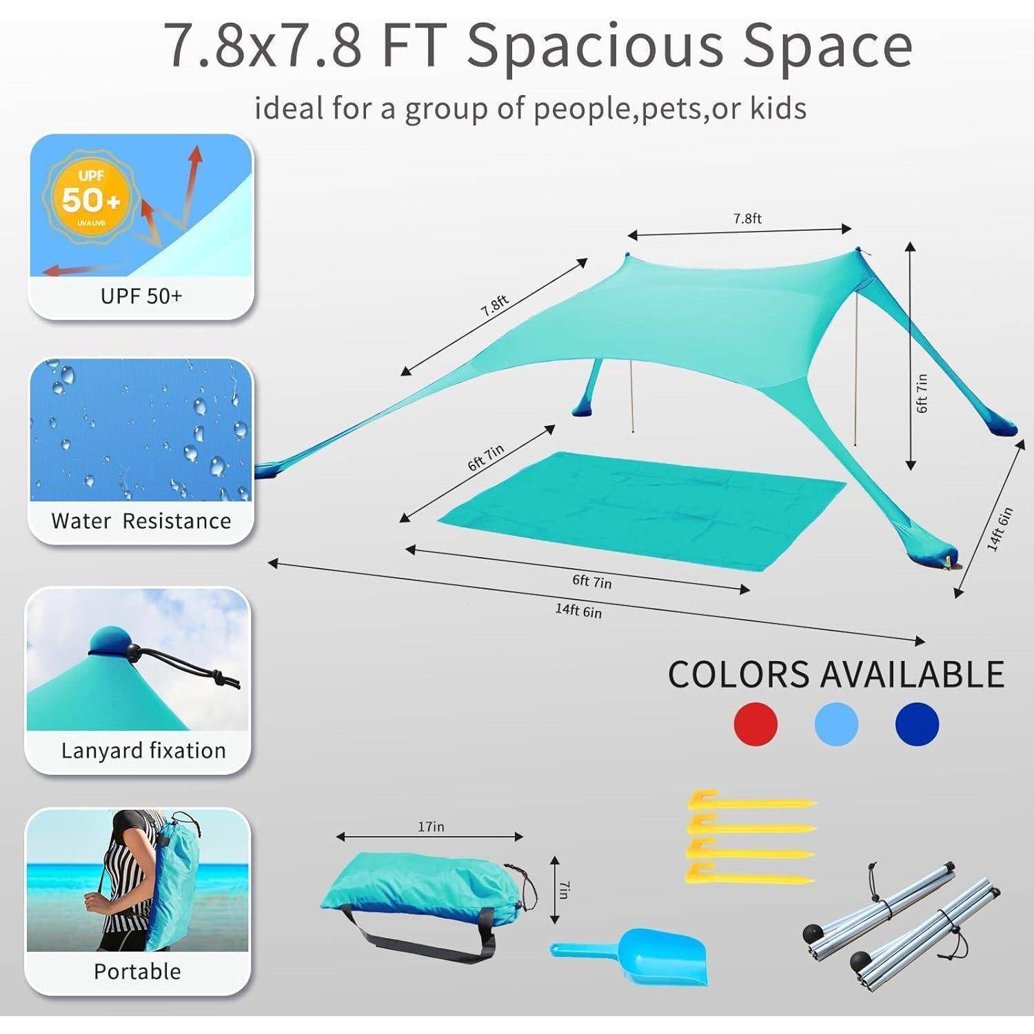 Ein türkisfarbenes Sonnenzelt, 2,4 x 2,4 m mit UPF 50+, wasserabweisend, inklusive Heringe und Tragetasche. Geeignet für Gruppen, Haustiere oder Kinder.