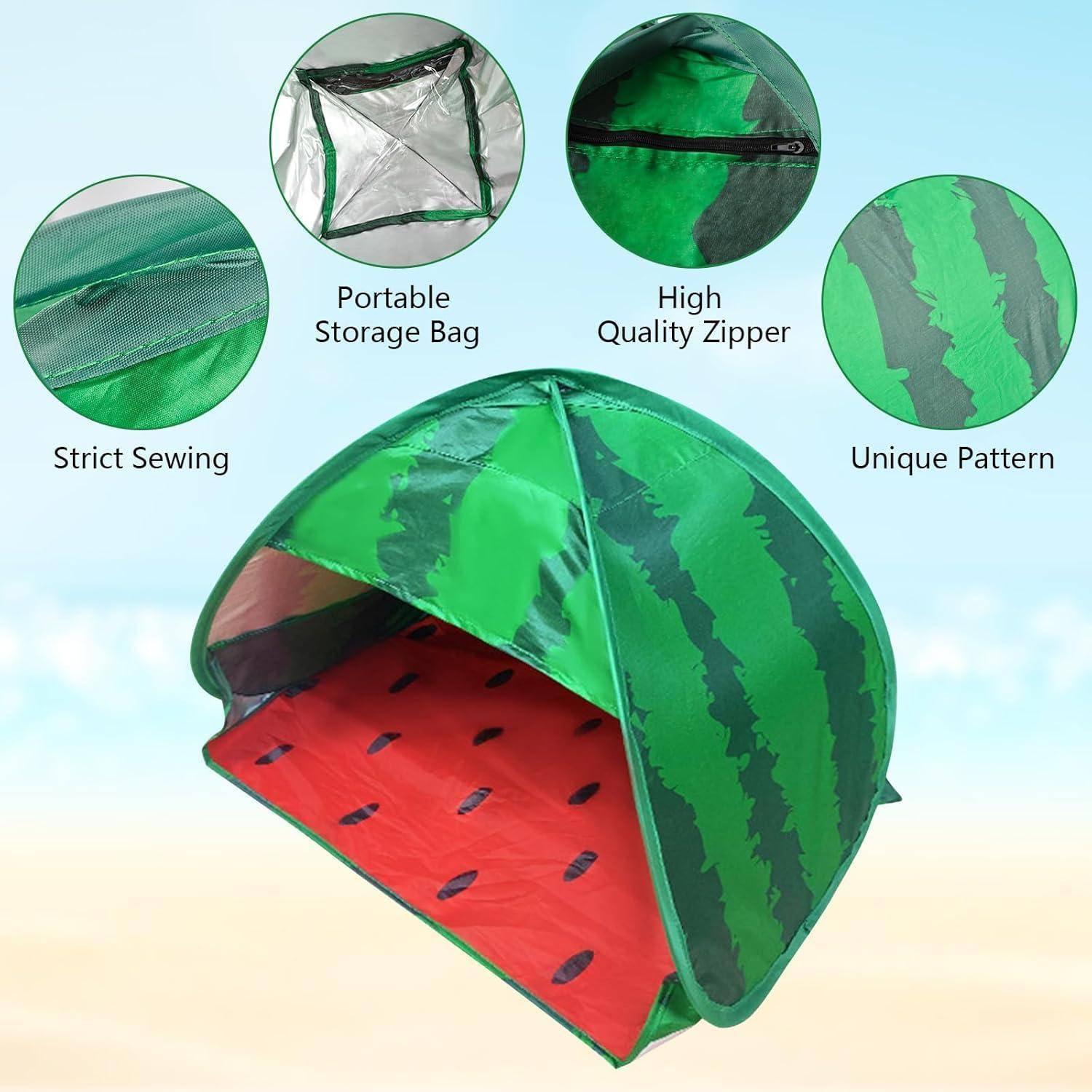 Tragbares Wassermelonen-Themed Zelt am sandigen Strand mit Funktionen wie präziser Verarbeitung, portablem Aufbewahrungsbeutel, hochwertigem Reißverschluss und einzigartigem Muster.