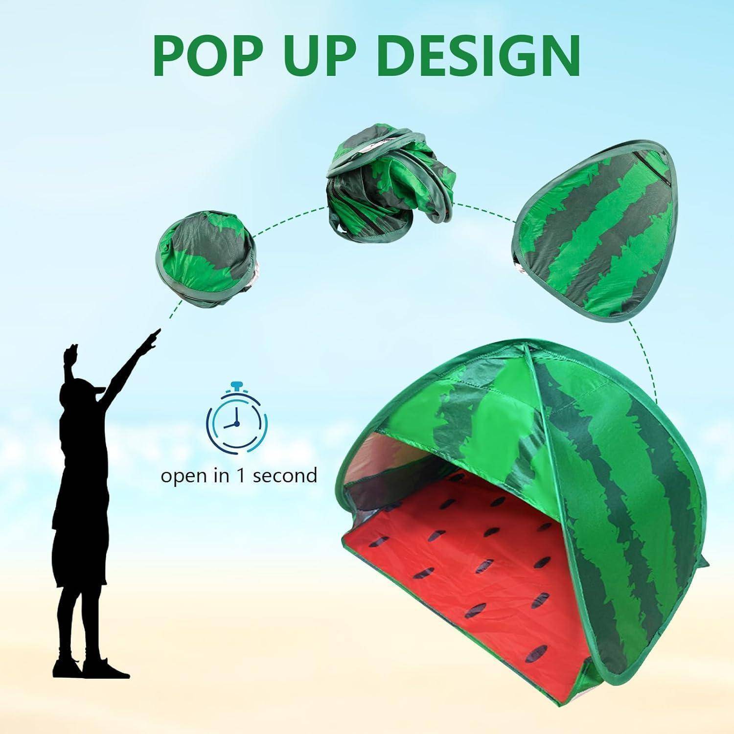 Pop Up Design': Ein melonenfarbenes Zelt entfaltet sich aus einer kompakten Form zu einem vollgroßen Zelt in 'in 1 Sekunde öffnen' Schritten, mit einer Person daneben stehend.
