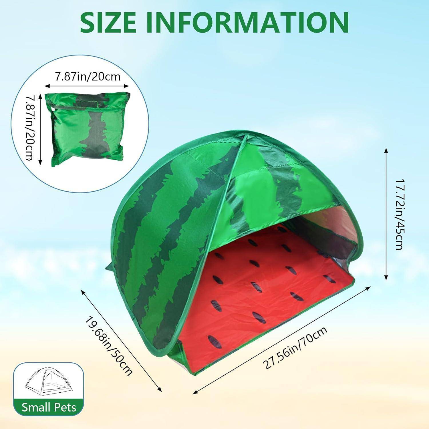 Größeninformationen': Bild zeigt ein kleines Haustierzelt in Form einer Wassermelone, mit Maßen: 17,72 Zoll/45 cm hoch, 27,56 Zoll/70 cm lang, 19,69 Zoll/50 cm breit.
