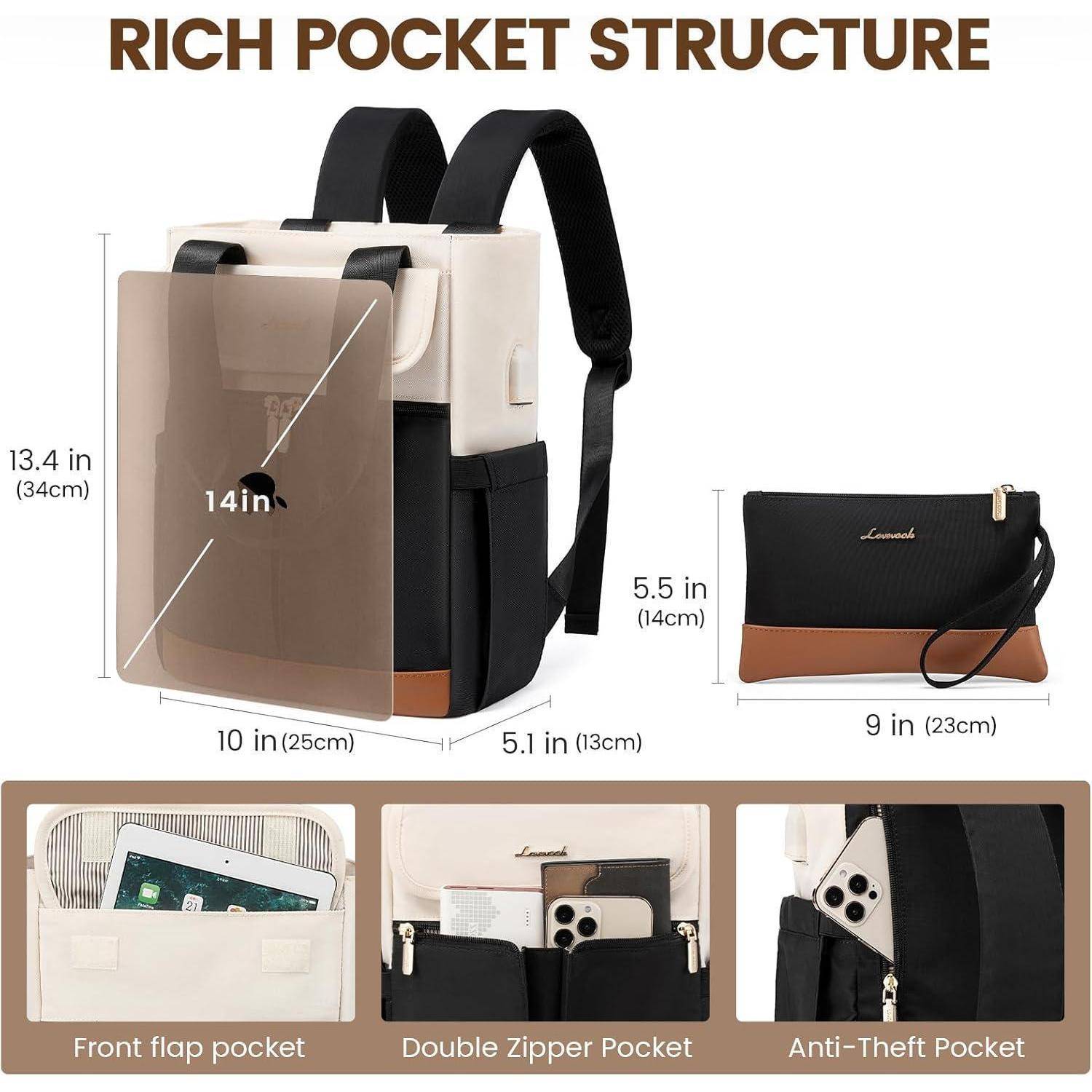 Rucksack mit mehreren Taschen: eine Klappe an der Vorderseite (10 Zoll/25 cm), Reißverschlusstasche mit doppeltem Reißverschluss (5,1 Zoll/13 cm) und Diebstahlschutz-Tasche (5,5 Zoll/14 cm). Inklusive einer separaten Tasche (9 Zoll/23 cm).