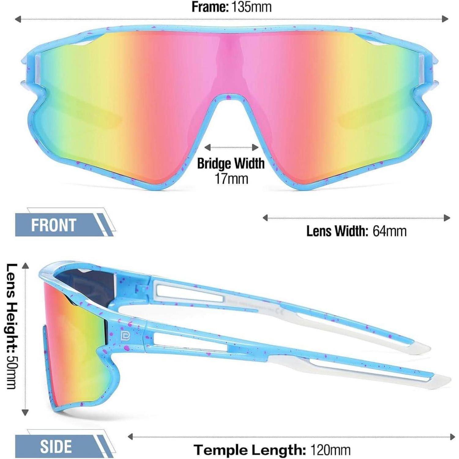 Überdimensionale Sonnenbrille mit bunten verspiegelten Gläsern und blauem Rahmen. Frontansicht: Glasbreite 64 mm. Seitenansicht: Bügellänge 120 mm.