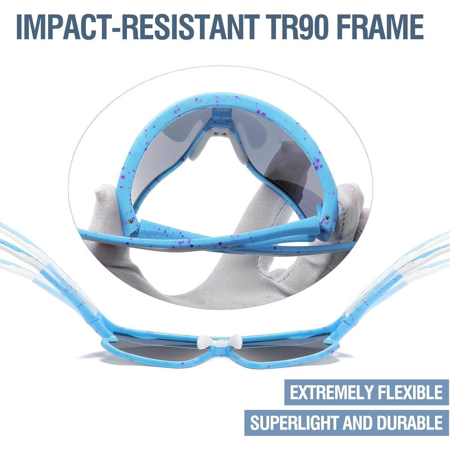 Blaue Schwimmbrillen mit 'Stoßfestem TR90-Rahmen', die Flexibilität, extrem leichtes Design und Langlebigkeit hervorheben.